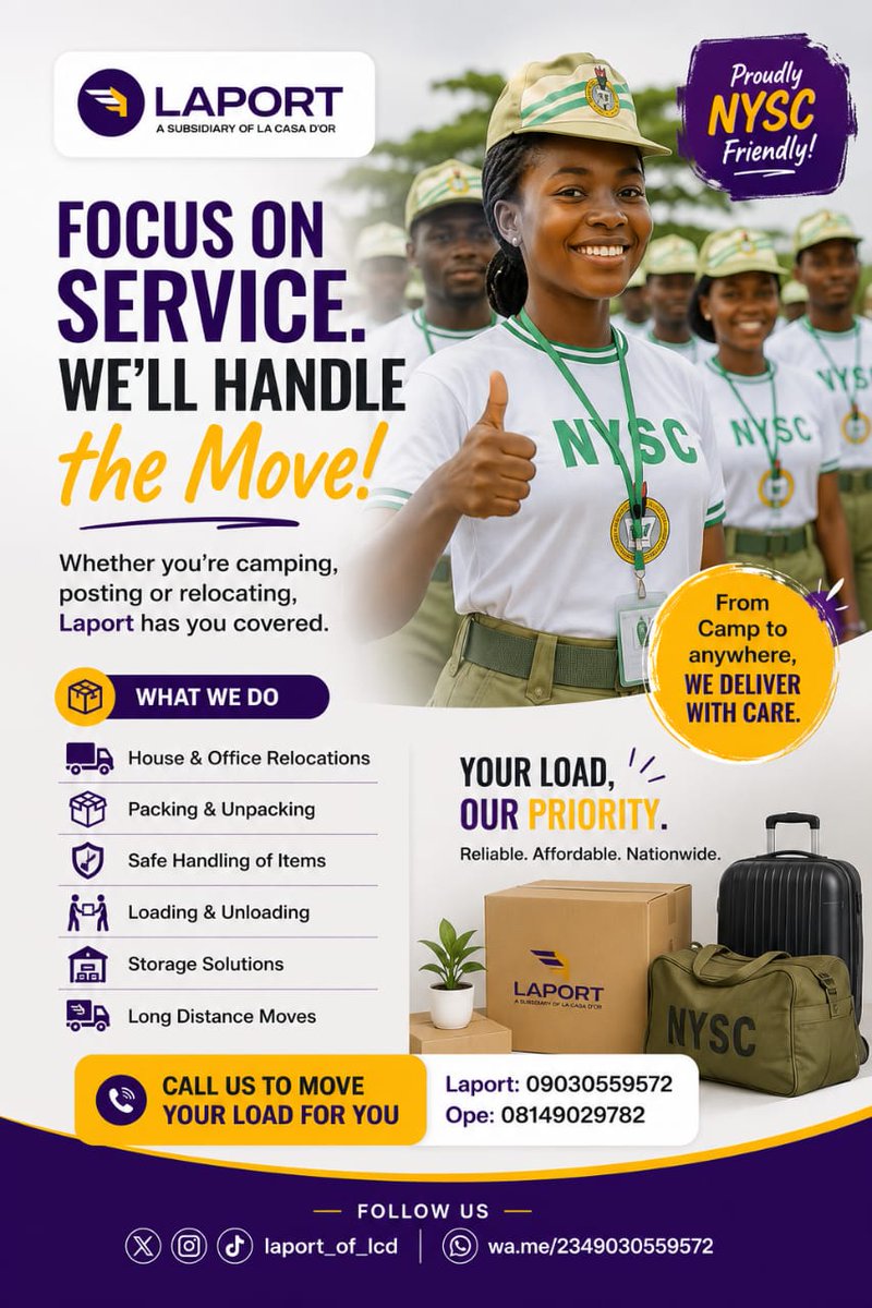 Laport_Official's tweet photo. @officialnyscng Focus on your service. LAPORT will handle the Move.💯🔥

Operations: Interstate across Nigeria &amp; Intra state (only within Ondo State)

We also provide Armed Security Escorts👮🏽‍♂️ as protection for high risk routes

Send a DM to LAPORT https://t.co/FO4dGauRUg
Or call Ope: 08149029782 https://t.co/fj4or3ShdI