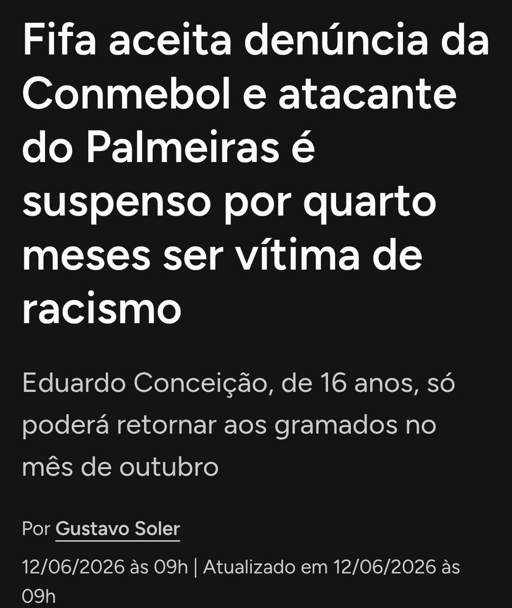 Tulmag's tweet photo. Está aí a resposta. 
Matéria do @falasoler 

Parabéns à @FIFAcom e a @CONMEBOL por suspender um jovem de 16 anos por ironizar um ato de racismo.

Nossa! Fui irônico também. Serei suspenso... https://t.co/FX5A39yUkx