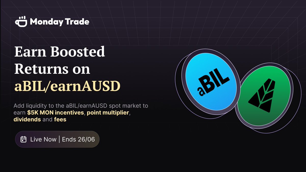 MondayTrade_'s tweet photo. gFriday traders

We’re back with another aBIL TVL Campaign 💪

Put your aBIL to work and LP on the aBIL/earnAUSD spot pool:

• APY + MON incentives on AUSD deposited via @upshift_fi
• $5K $MON rewards
• 0.3% trading fees
• Point Multiplier
• Annual dividends payout monthly in USDC

Ready to join? Here’s how ↘️