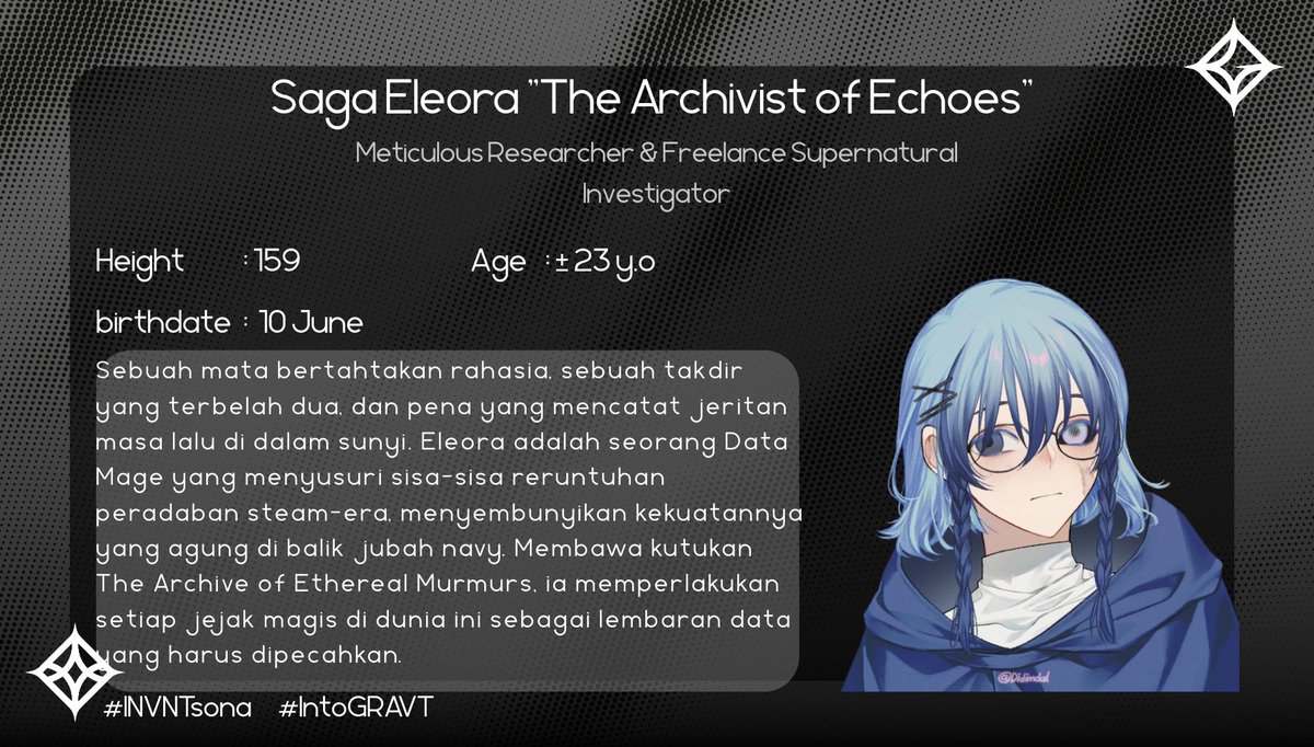lvlynayo's tweet photo. Saga Eleora "The Archivist of Echoes"

"People think the past is dead because it's quiet. They don't know how loudly it screams when you're the only one who can see its eyes."

#INVNTsona #IntoGRAVT https://t.co/XJ3yLyABQs