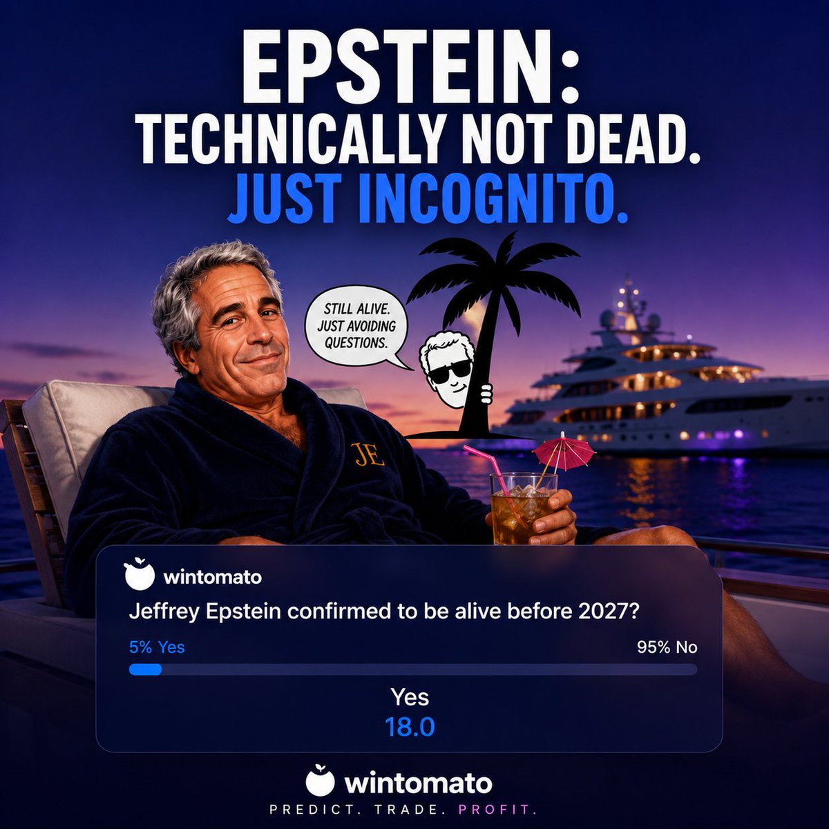 Wintomatocom's tweet photo. 👀 Some people think he's gone.

Others think he's just somewhere with a strong Wi-Fi signal and a larger yacht.

Will Jeffrey Epstein be confirmed alive before 2027?

🍅 Predict now on Wintomato.
🔗https://t.co/eE1fTRNQAd

#Predictions #PredictionMarkets https://t.co/3TpQap77TA