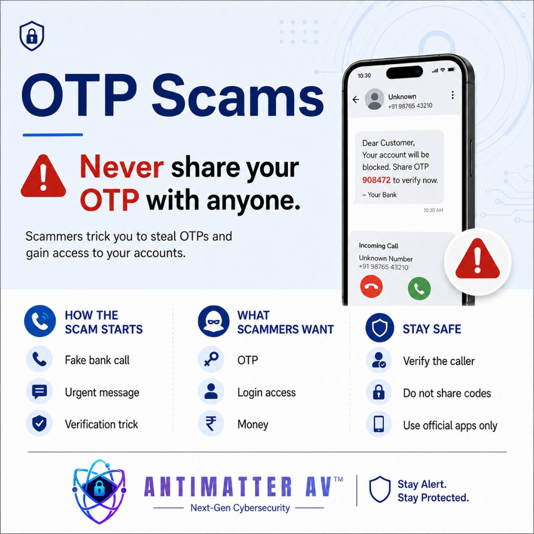 Antimatter98283's tweet photo. One OTP can protect your account — or expose it. Never share your OTP with anyone, even if the message or caller looks official. Stay alert and verify before you act.

#OTPScam #CyberSafety #OnlineSecurity #ScamAlert  #StaySafeOnline #DigitalSafety #CyberAwareness #AntimatterAV https://t.co/wNLjdXDJXZ