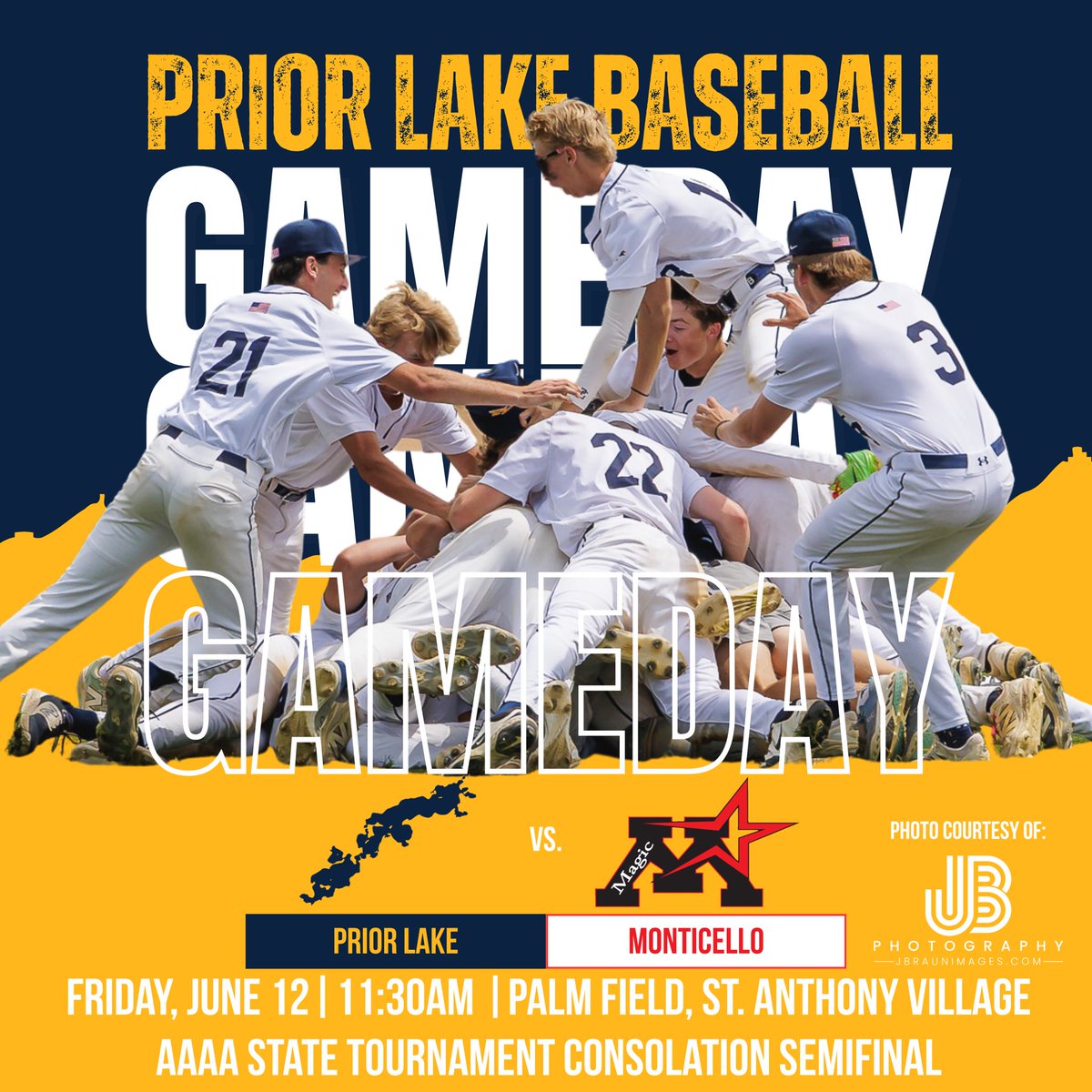 PLLakerBaseball's tweet photo. One last day in the blue and gold.

The Lakers will close out the season today in the consolation bracket at Palm Field in St. Anthony. PL will take on Monticello at 11:30. With a win, the Lakers would then take on the Andover/CDH winner right away at 2 in the consolation final. https://t.co/FvlErFFVqL