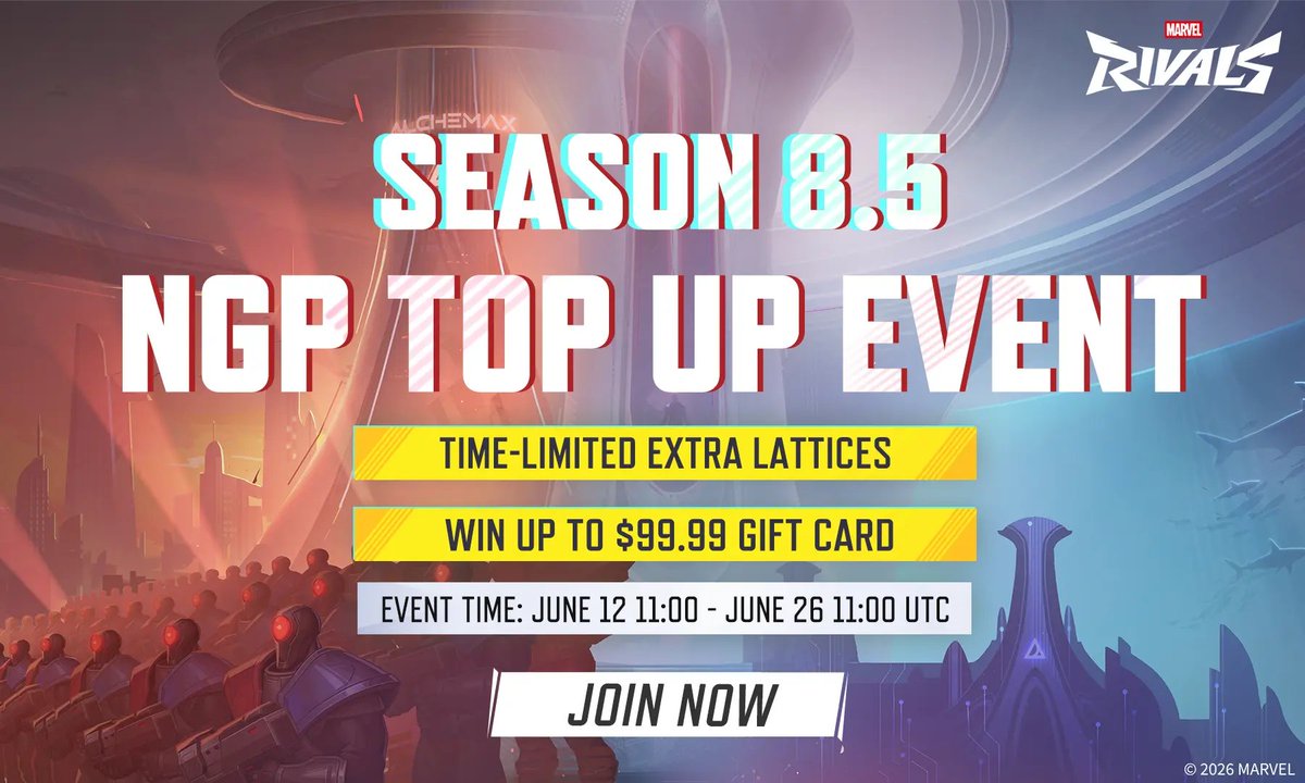 mmmmmmmmiller's tweet photo. ‼️ NGP LATTICE WEB TOP UP EVENT

To celebrate the release of Marvel Rivals Season 8.5, NetEase Gamer Premium are running a new limited-time event.

Get an extra 5% lattice from purchases at the NetEase Official Top-Up Center from now until June 26th at 7:00 AM EDT. Plus, log in with your NGP account and get points with your purchase that you can put toward store credit, and up to 3 spins per day on the prize wheel for a chance at $1, $20, and $100 gift cards. Check the website for full details.

NetEase Official Top-Up Center: Marvel Rivals
🔗 https://t.co/eZQhaZPw8l

Season 8.5 NGP Top Up Event
🔗 https://t.co/v8SyBp5HzW

#MarvelRivals #Ad