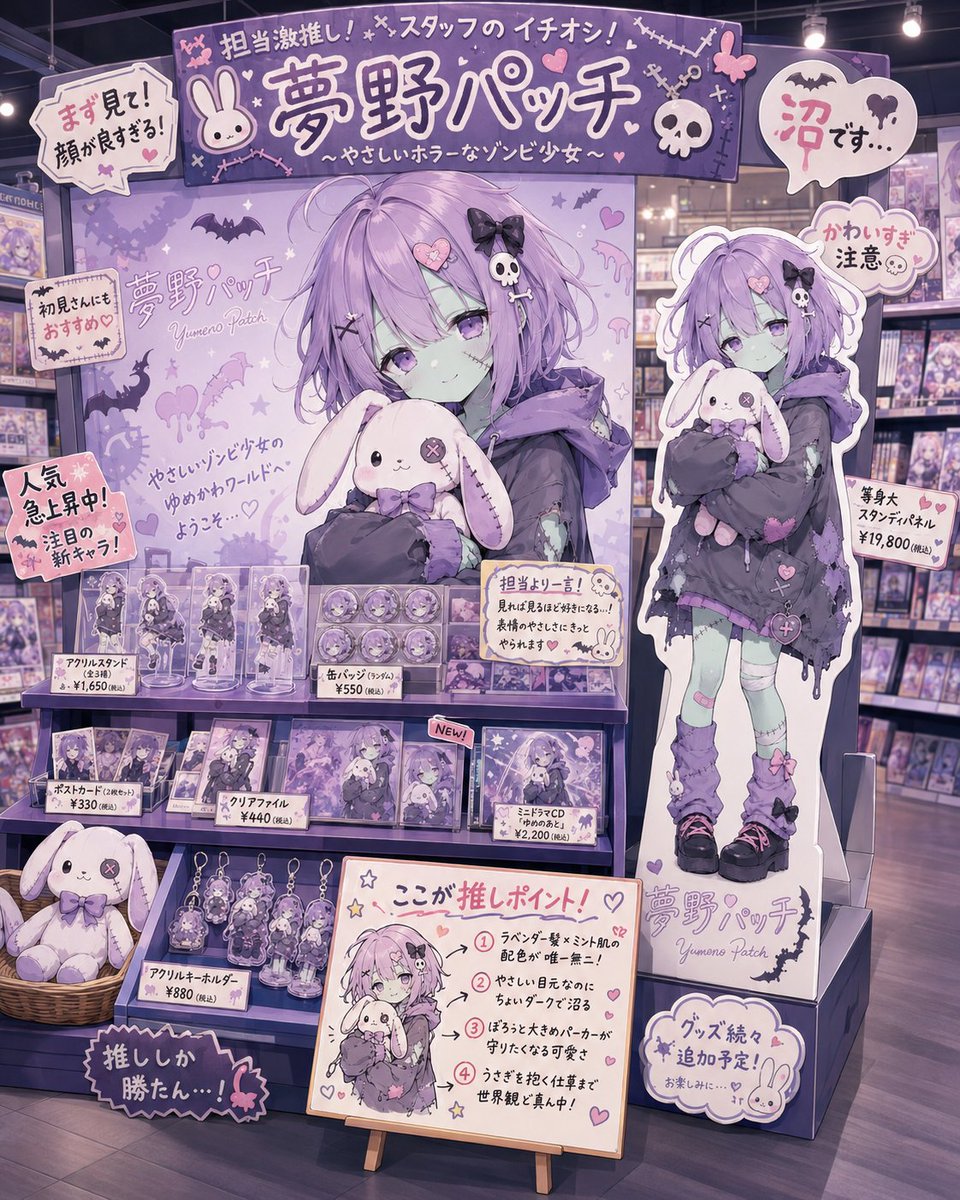 kuroneko_gam's tweet photo. ChatGPTで【#うちの子特設コーナー】

アニメショップでうちの子の特設コーナーがあったら最高ですよね🤭
ということでプロンプトを作っちゃいました✨

うちの子の参照画像とプロンプトをコピペするだけでOK😆店員さんが全力で推してくれますよ！

タグ、引用、改変自由です😃
プロンプトはこちら👇
---
キャラクター名（未入力ならAIが自動命名）：［　　　　］

参照画像のキャラクターをもとに、アニメショップの店内にある「担当激推し特設コーナー」風のビジュアルを作成してください。

参照画像のキャラクターの髪型、髪色、目の色、服装、装飾、表情、雰囲気、全体の印象を丁寧に読み取り、その子らしさをしっかり残したまま、魅力が最大限に伝わるメインビジュアルとして表現してください。
主役はキャラクター本人で、可愛さ・かっこよさ・存在感が一目で伝わるようにしてください。
全体の構図は、アニメショップの店員が本気でそのキャラクターを推している特設売り場として成立するようにしてください。
売り場には、特設棚、大きめのキャラクタービジュアル、店頭販促用パネル、小物、グッズ風アイテム、装飾、値札、小さな案内札などを配置し、「今この子がすごく推されている」空気が伝わるようにしてください。

中央や背面には、ポスターや大型パネルとして見えるメインビジュアルを配置してください。
さらに売り場の一角には、キャラクターの等身大スタンディパネルを配置してください。
ただし、この等身大パネルは、キャラクター本人がその場に立っているような見せ方ではなく、店頭販促用の紙製またはボード製のダイカットスタンドパネルとして表現してください。
 白いフチ、カットライン、印刷物らしい平面感、足元の台座、支え、床への接地感を入れ、売り場什器として自然に設置されている状態にしてください。
背景から浮いた普通の全身立ち絵や、生身のキャラクターがその場に立っているような表現にはしないでください。
 右側の全身キャラは「等身大パネル」という物体として見えることを重視してください。
また、中央のメインビジュアルはポスターや大型看板、右側の全身キャラクターは白フチ付き等身大スタンディパネルとして、別の販促物として区別できるようにしてください。
特設コーナーには、手書きのおすすめPOPや紹介カードを複数入れてください。
POPは、整いすぎた印刷物ではなく、店員がマーカーやペンで手書きしたような、熱量のある親しみやすい表現にしてください。
文量は短めにし、勢いのある短い推し文句を中心にしてください。
POPには、たとえば
 「担当激推し！」
 「まず見て！」
 「顔が良すぎる」
 「沼です」
 「かわいすぎ注意」
 「初見さんにもおすすめ」
のような、短く強い定番の推し文句を自然に複数含めてください。
これらの文句は売り場の手書きPOPの一部として使って構いません。
ただし、同じ文言ばかりを不自然に大量反復せず、キャラクターの雰囲気に合う形で散らして配置してください。
長文の説明文や、細かすぎる文章は避けてください。

さらに、その中の1枚だけを、店員が紙に手描きした**「推しポイント解説ボード」にしてください。
この「推しポイント解説ボード」は売り場の中に1枚のみ配置**し、同じ形式の手描き解説ボードを複数枚作らないでください。
そのボードには、参照画像のキャラクターを簡略化して描いた、ラフで可愛い手書きイラストを入れてください。
手書きイラストは、完成された公式イラストや印刷絵ではなく、店員が愛を込めて描いたような、少し素朴で親しみやすい手作り感のある絵にしてください。
マーカー、ペン、丸囲み、矢印、吹き出し、ハート、星、感嘆符などを使って、店員が熱量たっぷりに魅力を解説している雰囲気にしてください。
その手書き解説ボードの見出しには、「ここが推しポイント！」と大きく書いてください。
そして、参照画像のキャラクターの外見、表情、服装、雰囲気、配色、仕草、全体の印象などをAIが読み取って、そのキャラクターらしい魅力を表す短い箇条書きの推しポイントを4項目入れてください。
推しポイントの文章は固定文を使わず、毎回そのキャラクターに合わせてAIが自然に考えてください。
内容は、目、髪、表情、衣装、色の組み合わせ、ギャップ、雰囲気、しぐさ、小物、全体の空気感など、そのキャラクターを見て分かる魅力から自然に選んでください。
 4項目はそれぞれ少しずつ違う視点で書き、同じ褒め方や同じ語尾の繰り返しにならないようにしてください。
また、短く、勢いがあり、意味が分かりやすく、POPとして読みやすい表現にしてください。
なお、「この表情が最高！」「この目が好き！」「この衣装のここが良い！」などの固定例文をそのまま使い回すのではなく、その都度キャラクターに合わせた内容にしてください。
他の手書きPOPや紹介カードには、同じ形式の手書きイラスト付き推しポイント解説を繰り返さず、文字中心のPOPとして区別してください。
 手書きイラスト入りの解説ボードは「ここが推しポイント！」の1枚だけにし、他のPOPは短い文字中心の手書きPOPとして構成してください。
上の「キャラクター名」欄に入力がある場合は、その名前を使って、特設コーナーの見出し、小さなロゴ、商品名風の表記などに自然に反映してください。
未入力の場合は、参照画像の印象に合う自然なキャラクター名をAIが自動で考えてください。
ただし、実在する人物名、実在キャラクター名、既存作品名、既存ブランド名、既存ショップ名は使わず、必ずオリジナルの名称にしてください。
売り場の雰囲気は、オタクショップ・アニメショップらしい楽しさや賑わいを感じさせつつ、ごちゃつきすぎず、キャラクターが主役として目立つレイアウトにしてください。
必要に応じて、アクスタ風アイテム、缶バッジ風アイテム、ポストカード風アイテム、CD風アイテム、ぬいぐるみ風アイテム、クリアファイル風アイテムなどを並べても構いません。
ただし、グッズそのものが主役になるのではなく、「この子が本気で推されている」ことを伝えるための演出として使ってください。
できれば、少し売れていそうな雰囲気も入れてください。
たとえば、棚の一部が少し減っている、人気札がある、注目コーナー感があるなどの演出は歓迎です。
ただし、売り切れ表現を強くしすぎず、あくまで今推されている特設コーナーとして見せてください。
全体の仕上がりは、高品質な商業イラスト・販促ビジュアルを目指してください。
線画はクリーンで繊細に、塗りはなめらかで丁寧にし、特に顔、目、髪、表情は可愛さ・かっこよさが最大限に伝わるように高品質に仕上げてください。
文字要素は、手書きPOPも含めて可読性を優先してください。
文字化け、意味不明な日本語、読みにくすぎる文字、崩れすぎたロゴは避け、短く自然で読みやすい表記にしてください。
手書きPOPや手書きイラストはラフさがあってもよいですが、意味が分かることを重視してください。

全体として、「この子ちょっと気になる」「この売り場見てみたい」と思わせる、宣伝力のある一枚にしてください。
単なる棚の写真ではなく、店員の推し熱とうちの子の魅力が両方伝わる、高品質なアニメショップ特設コーナービジュアルにしてください。