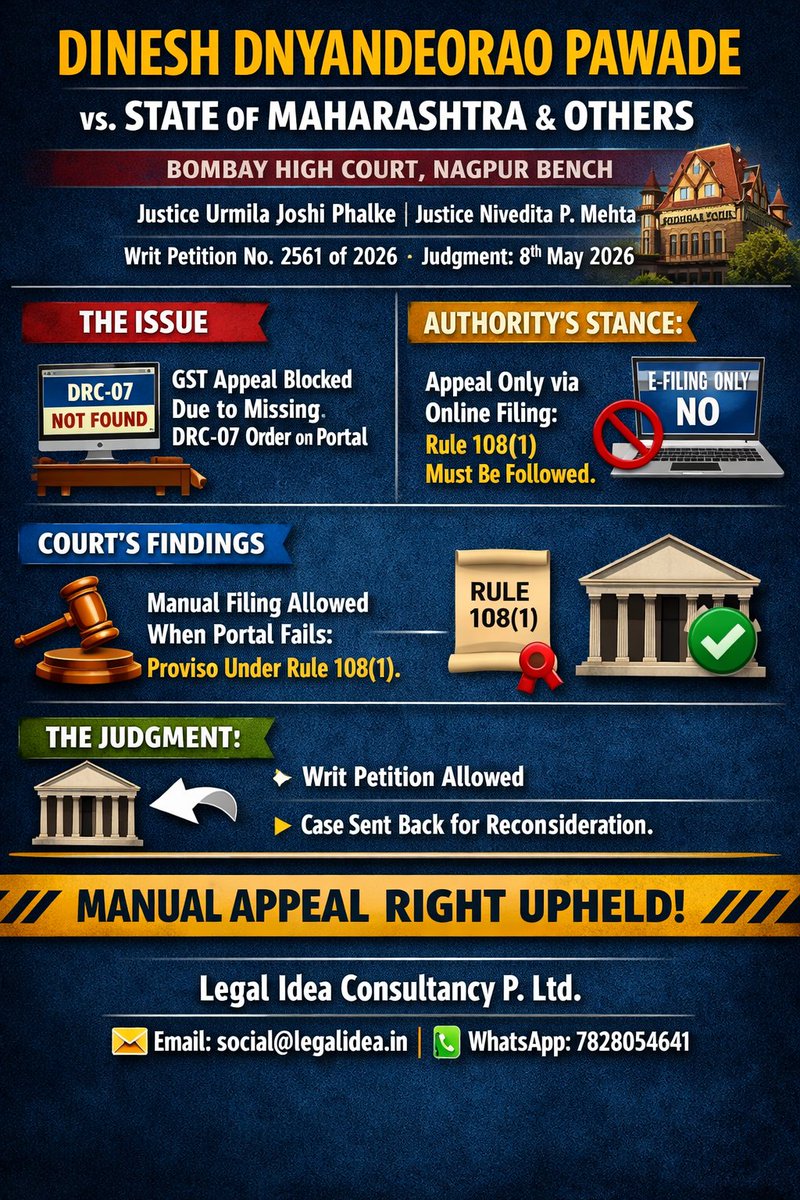 Legalidea's tweet photo. 🚨 GST Portal Issue Cannot Block Your Legal Remedy ⚖️

You tried to file GST appeal but the portal failed?

Can your appeal right disappear because of a technical problem?

Bombay High Court says — NO.

📌 Dinesh Dnyandeorao Pawade Case:

✅ Manual appeal filing cannot be rejected blindly
✅ Rule 108(1) proviso must be considered
✅ Technical issues should not defeat taxpayer rights
GST compliance is digital — but justice cannot depend only on portal availability.
#GST #GSTLaw #TaxLitigation #GSTAppeal #IndirectTax #BombayHighCourt #TaxUpdates #LegalUpdate