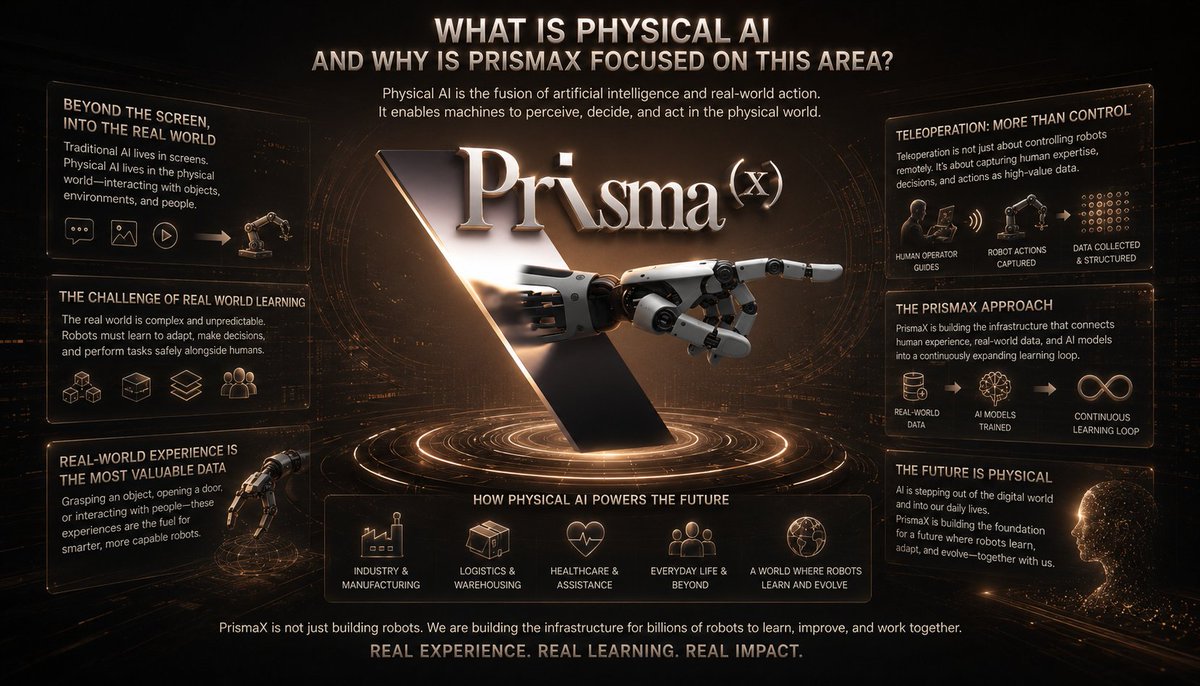 MerchantTotoro's tweet photo. What Is Physical AI and Why Is PrismaX Focused on This Area?

Friends, one of the concepts that caught my attention the most while researching PrismaX was Physical AI. Over the last few years, when most of us think about artificial intelligence, we tend to imagine systems that write text, generate images, or operate through digital interfaces on a screen. However, there is another field that has been quietly growing within the technology world. It is the idea of artificial intelligence moving beyond screens and becoming part of the physical world. This is what we call Physical AI.

To explain Physical AI in the simplest way possible, friends, it is the combination of artificial intelligence with systems that operate in the real world. In other words, we are not just talking about models that answer questions or generate content. We are talking about systems that can perceive their surroundings, interact with objects, make decisions, and perform physical tasks. Robots are among the most important drivers of this transformation.

I think the important point here, friends, is this. Today, digital AI models can learn by processing millions of pieces of text. However, the way a robot operating in the physical world learns is completely different. It needs to learn how to pick up an object, recognize different surfaces, move safely alongside humans, and adapt to constantly changing conditions. Since the real world is far more complex than many people expect, the field of Physical AI becomes an extremely challenging area of research and development.

To understand why PrismaX is focused on this field, friends, we need to look at this challenge. In the future, millions of robots are expected to become part of our daily lives. Physical AI systems are expected to play larger roles in factories, warehouses, healthcare, and many aspects of everyday life. However, for these robots to be genuinely useful, they need to learn. To learn, they need data. To obtain data, they need real world experience. PrismaX appears to position itself right at the center of this chain.

This is also why teleoperation systems are so important, friends. When people guide robots remotely, they are not simply completing tasks. They are also demonstrating how robots should behave. The decisions people make, the movements they perform, and the experiences they create become data. Those data points can later contribute to improving AI models. In this way, human experience gradually becomes part of the learning process for robots.

In my opinion, one of the most interesting aspects of PrismaX emerges here, friends. The project does not seem to focus solely on building robots. Instead, it appears to focus on answering the question of how robots should learn. By bringing together human experience, real world data, and AI models, it aims to create a continuously expanding learning loop. This is one of the characteristics that distinguishes it from more traditional robotics projects.

Another point that stands out, friends, is that many AI models today are trained using digital data. Texts, images, and videos from the internet contribute to the development of these systems. In the world of Physical AI, however, the most valuable asset is physical experience. The experience of a robot grasping an object, opening a door, or interacting with people can become an extremely valuable source of data. This is also why PrismaX places so much emphasis on collecting real world data.

The part that caught my attention the most is this, friends. The future of artificial intelligence may not exist solely behind computer screens. In the coming years, AI could become increasingly integrated into the physical world. Robots may take on more responsibilities and work alongside humans in a variety of environments. PrismaX appears to be one of the projects attempting to build the infrastructure for this transformation. Because the challenge is not simply about creating intelligent robots. It is about building the systems that allow those robots to learn from the real world, improve through experience, and become increasingly capable over time. In my opinion, this is the fundamental reason why PrismaX is placing such a strong emphasis on Physical AI.

@PrismaX