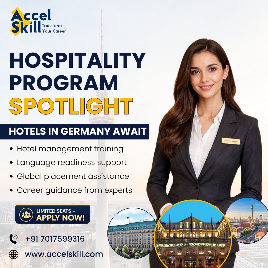 AccelSkill's tweet photo. 🇩🇪 Dreaming of a hospitality career in Germany?

AccelSkill's Hospitality Program prepares you with hotel management skills, German language readiness, and placement support for opportunities in leading hotels.

Limited seats available. Apply now! ✨

 #AccelSkill https://t.co/efaOpaUxG8