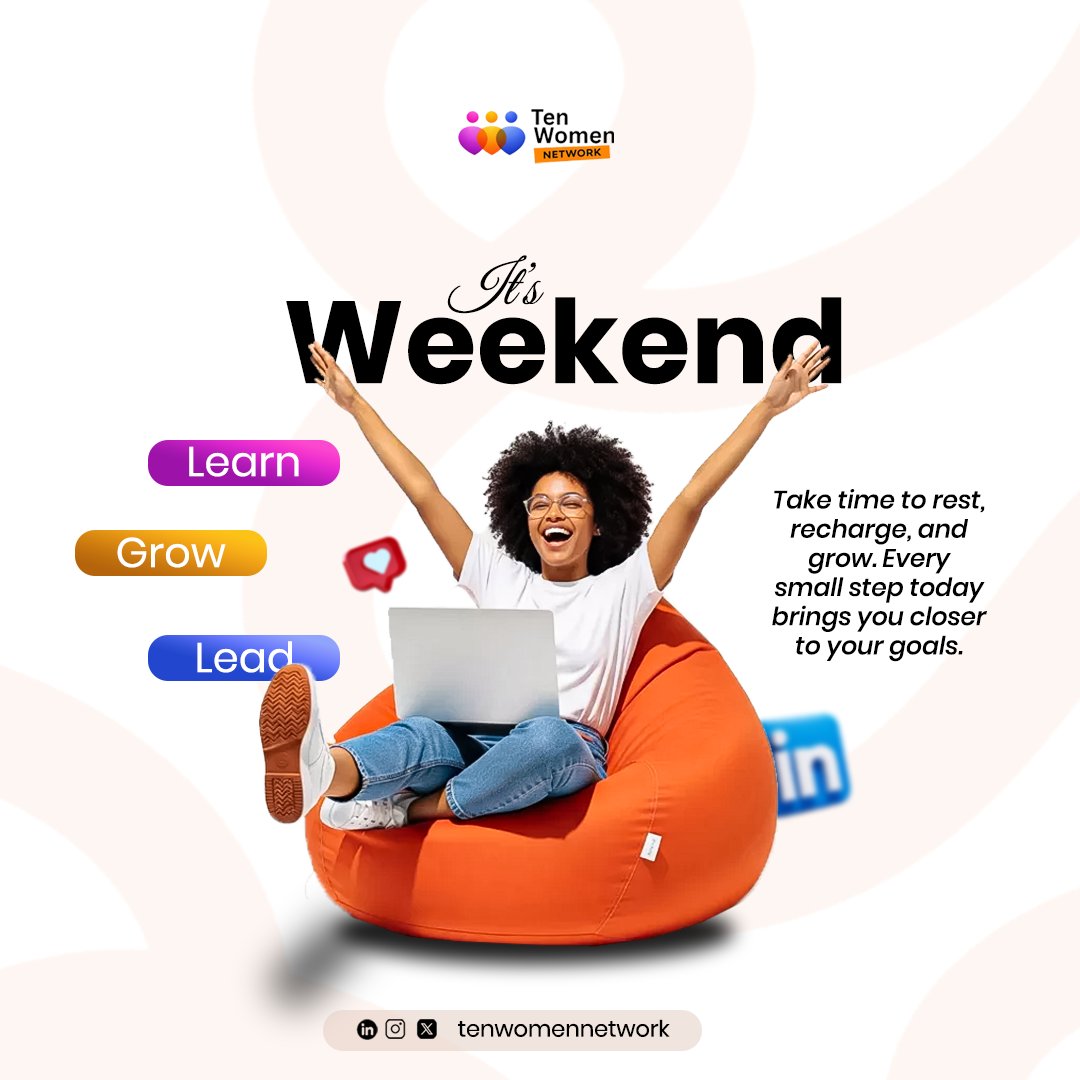 Tenwomennetwork's tweet photo. Happy Weekend from Ten Women Network

Take time to rest, recharge, and reflect on your goals. Every step you take toward learning, growth, and empowerment brings you closer to the future you deserve.
Learn. Grow. Lead.
#HappyWeekend #TenWomenNetwork #WomenEmpowerment https://t.co/BTbmz6HaZp