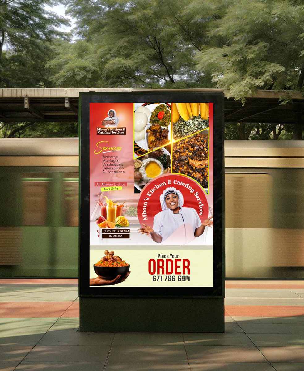 iam_Parastar's tweet photo. Good food design makes you hungry before you read a word.
Just wrapped this one for Mbom's Kitchen &amp; Catering Services, Bamenda. 🍽️
Real food. Warm colors. A face people trust.
That's the brief. That's the job.
#PaceGraphics #CreativesOfAfrica https://t.co/mLzMGU5XVO