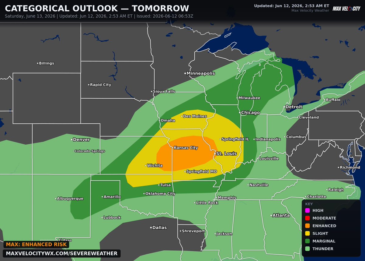 MaxVelocityWX's tweet photo. Another enhanced risk has been issued from Eastern Kansas to St. Louis. This is another all-hazards risk. 5% tornado probs have been drawn up for northern MO including Kansas City. The enhanced risk is for severe wind gusts. 75+ MPH winds are possible. Significant hail is also possible depending on storm mode. Supercells are possible but higher confidence lies in linear storm mode.
