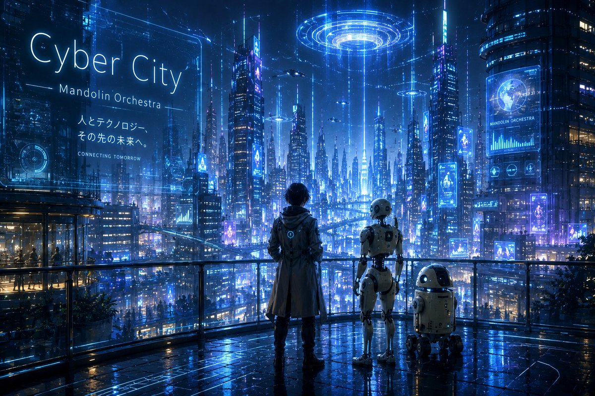 _prestomo's tweet photo. 【新曲紹介】「Cyber city」
本曲「Cyber city」は、マンドリンオーケストラの基本編成による作品で、デジタルミュージックのような無機質でクールなサウンドを目指して作られました。タイトルの通り、どこか近未来的で、光と情報があふれる都市のイメージが広がります。(続) https://t.co/eDJGgT6IHt
