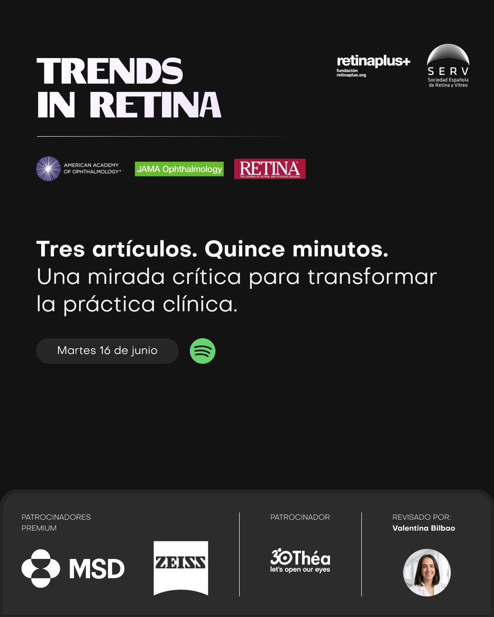 RetinaSERV's tweet photo. 🎙️ ¡Nuevo podcast de la Fundación RetinaPlus con aval científico de la SERV!

Este martes 16 de junio estrenamos Trends in Retina, un nuevo formato dedicado a revisar la evidencia científica más reciente en retina de una forma práctica, crítica y directa. https://t.co/htTN4yNVzk