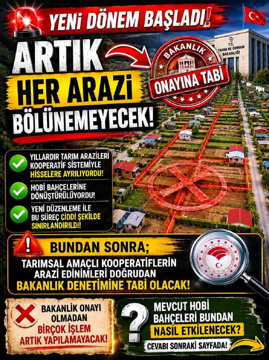 arsaofisiniz's tweet photo. 🚨 Hobi bahçeleriyle ilgili en çok konuşulan düzenlemelerden biri Meclis'ten geçti.

Ancak birçok kişi hâlâ konunun ne anlama geldiğini tam olarak bilmiyor.

Özellikle tarım arazileri üzerinde oluşturulan kooperatif sistemleri ve hobi bahçesi projeleri için önemli değişiklikler söz konusu.

📌 Tarım dışı amaçla kurulan konut ve yapı kooperatifleri artık tarım arazisi satın alamayacak.

📌 İzinsiz yapılaşmalara elektrik, su ve doğalgaz gibi altyapı hizmetlerinin bağlanmasının önü kesilecek.

📌 Altyapı sağlayan kurumlara da idari yaptırım uygulanabilecek.

Bu nedenle özellikle hisseli tarla, kooperatif hissesi veya hobi bahçesi yatırımı düşünenlerin süreci dikkatle takip etmesi gerekiyor.

⚠️ Unutmayın;

Bir yatırımın ucuz olması onu doğru yatırım yapmaz.

Tapu durumu, imar durumu, hisselendirme şekli, yasal süreçler ve gelecekte oluşabilecek riskler mutlaka incelenmelidir.

🎯 Bu karoselde yeni düzenlemenin yatırımcı açısından ne anlama geldiğini adım adım anlattım.

📌 Gönderiyi kaydetmeyi unutmayın.

📤 Hobi bahçesi düşünen bir arkadaşınıza gönderin.

💬 Sizce bu düzenleme hobi bahçesi piyasasını nasıl etkileyecek?

Yorumlarda buluşalım. 👇

#arsa #arsayatırımı #hobibahçesi #tarla #emlak #gayrimenkul #yatırım #toprakyatırımı #tapu #imar #çatalca #silivri #arsaofisiniz