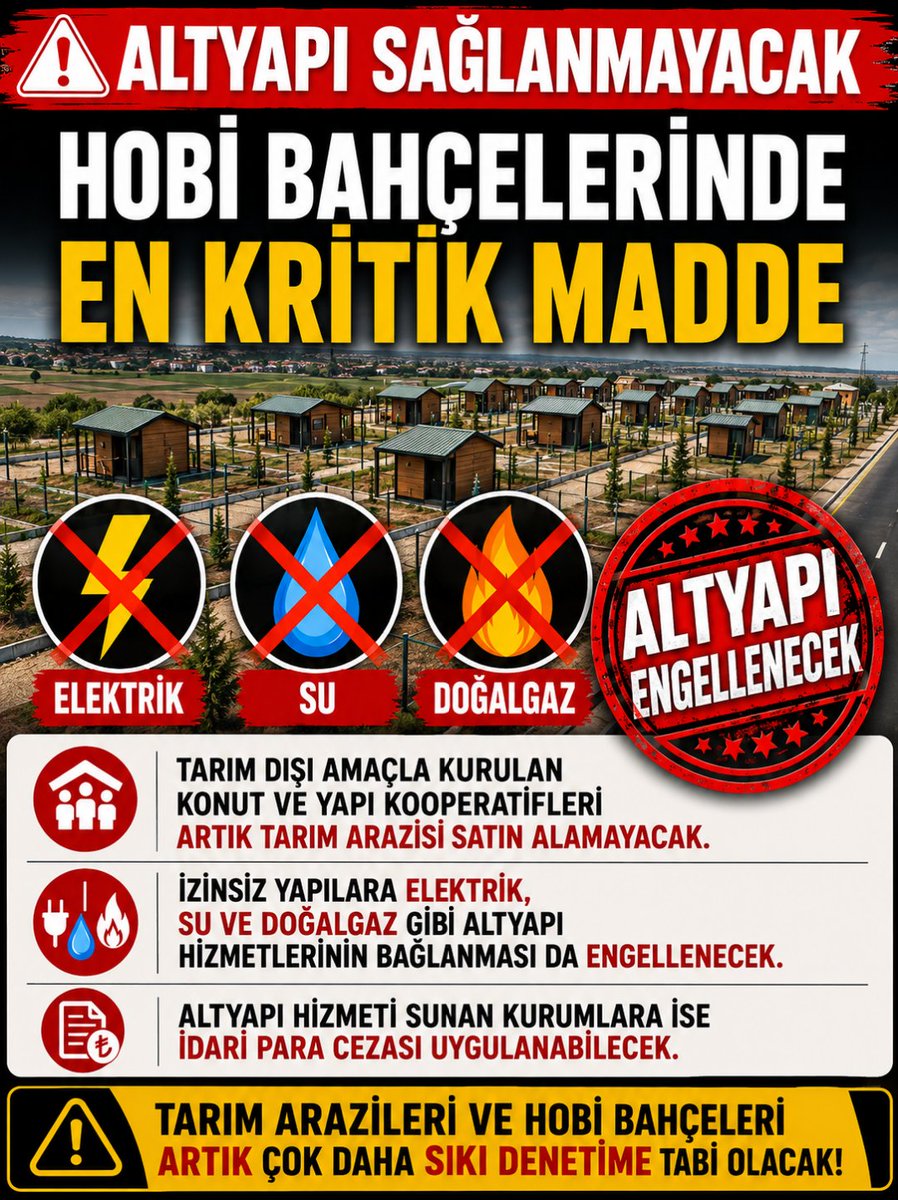 arsaofisiniz's tweet photo. 🚨 Hobi bahçeleriyle ilgili en çok konuşulan düzenlemelerden biri Meclis'ten geçti.

Ancak birçok kişi hâlâ konunun ne anlama geldiğini tam olarak bilmiyor.

Özellikle tarım arazileri üzerinde oluşturulan kooperatif sistemleri ve hobi bahçesi projeleri için önemli değişiklikler söz konusu.

📌 Tarım dışı amaçla kurulan konut ve yapı kooperatifleri artık tarım arazisi satın alamayacak.

📌 İzinsiz yapılaşmalara elektrik, su ve doğalgaz gibi altyapı hizmetlerinin bağlanmasının önü kesilecek.

📌 Altyapı sağlayan kurumlara da idari yaptırım uygulanabilecek.

Bu nedenle özellikle hisseli tarla, kooperatif hissesi veya hobi bahçesi yatırımı düşünenlerin süreci dikkatle takip etmesi gerekiyor.

⚠️ Unutmayın;

Bir yatırımın ucuz olması onu doğru yatırım yapmaz.

Tapu durumu, imar durumu, hisselendirme şekli, yasal süreçler ve gelecekte oluşabilecek riskler mutlaka incelenmelidir.

🎯 Bu karoselde yeni düzenlemenin yatırımcı açısından ne anlama geldiğini adım adım anlattım.

📌 Gönderiyi kaydetmeyi unutmayın.

📤 Hobi bahçesi düşünen bir arkadaşınıza gönderin.

💬 Sizce bu düzenleme hobi bahçesi piyasasını nasıl etkileyecek?

Yorumlarda buluşalım. 👇

#arsa #arsayatırımı #hobibahçesi #tarla #emlak #gayrimenkul #yatırım #toprakyatırımı #tapu #imar #çatalca #silivri #arsaofisiniz