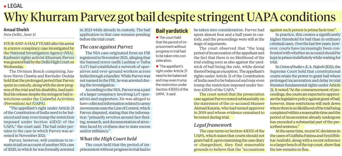 imRavikantYadav's tweet photo. Why Khurram Parvez got bail despite stringent UAPA conditions

:Explained by Ms Amaal Sheikh 
@AmaalSheikh5 

#KhurramParvez #Bail #UAPA #NIA
#DelhiHighCourt
#Article21
#Law #Legal

#UPSC

Source: IE https://t.co/hleQRfAlIa