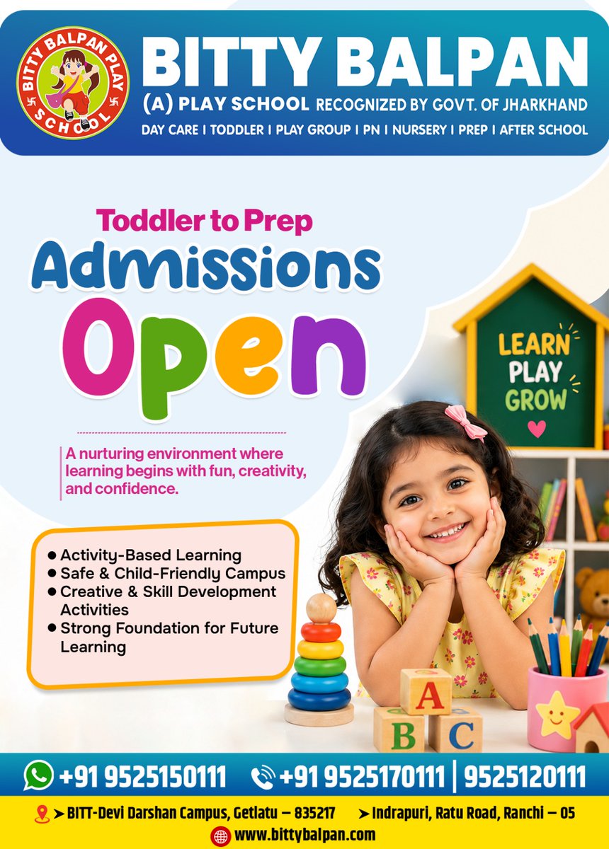 bittybalpan's tweet photo. 📷 Admissions Open at Bitty Balpan School! 📷

📷 Toddler to Prep Admissions Open Now!

📷 BITT-Devi Darshan Campus, Getlatu - 835217
📷 Indrapuri, Ratu Road, Ranchi - 834005
📷 +91 9525150111 | +91 9525170111 | +91 9525120111
📷 https://t.co/PY7GwxqPgd

#BittyBalpan https://t.co/ji7sA86jTr