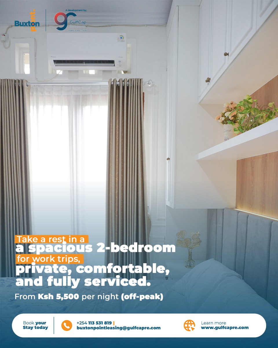 buxtonpoint's tweet photo. Your next stay in Mombasa starts here.
Fully serviced 1, 2 &amp; 3-bedroom apartments located minutes from Mombasa CBD, the SGR station, Moi International Airport, Fort Jesus, Nyali Cinemax, City Mall &amp; Haller Park.

1bdr at 3,500 Per night. https://t.co/f1iZozTWEV