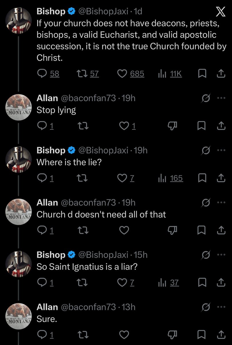BishopJaxi's tweet photo. Protestantism is the only form of Christianity that can look at the men taught by the Apostles and their disciples and casually say, “They were lying.” https://t.co/zBiapr6KL2