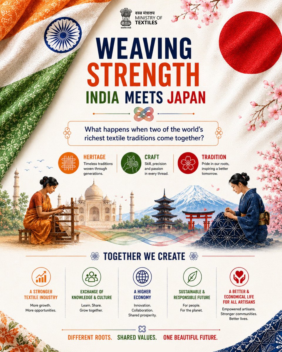 TexMinIndia's tweet photo. What happens when two of the world's richest textile traditions come together?
A shared heritage of craftsmanship.
A shared commitment to innovation.
A shared vision for sustainability.
From preserving age-old traditions to creating future-ready opportunities, India and Japan are connected by values that transcend borders.
Because the strongest partnerships are woven from shared values.
Different roots. Shared values. One beautiful future.
#IndiaJapan #Textiles #Craftsmanship #TextileHeritage #DesignInnovation #Sustainability #IndiaJapanRelations #CulturalExchange #FutureTogether
@MEAIndia @IndianEmbTokyo @txcindia @TexComIndia