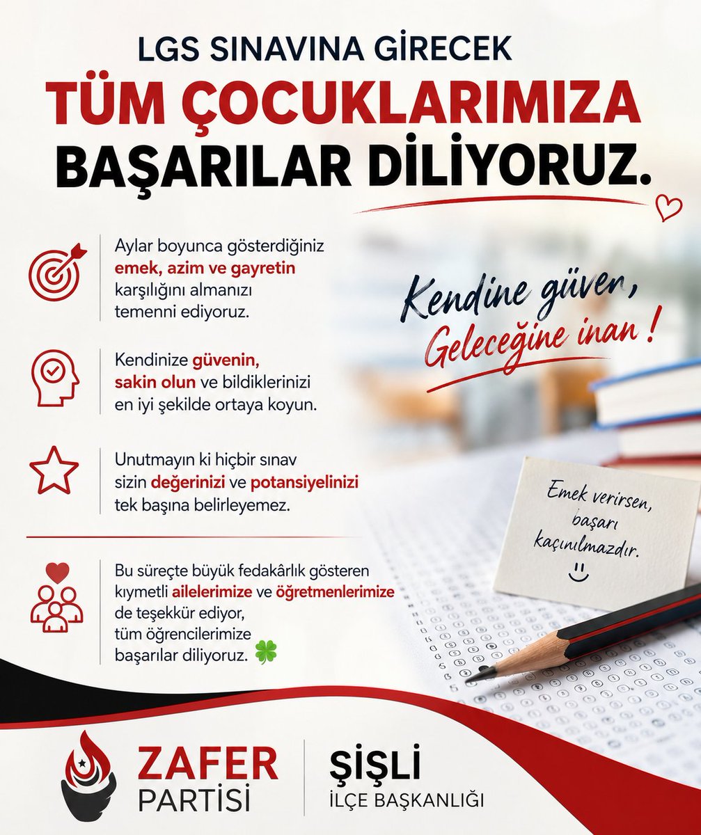 KerimSDemir's tweet photo. LGS sınavına girecek tüm çocuklarımıza başarılar diliyoruz.
Aylar boyunca gösterdiğiniz emek, azim ve gayretin karşılığını almanızı temenni ediyoruz. 
Kendinize güvenin, sakin olun ve bildiklerinizi en iyi şekilde ortaya koyun. 
Unutmayın ki hiçbir sınav sizin değerinizi ve potansiyelinizi tek başına belirleyemez.
Bu süreçte büyük fedakârlık gösteren kıymetli ailelerimize ve öğretmenlerimize de teşekkür ediyor, tüm öğrencilerimize başarılar diliyoruz. 🍀📚
#Lgs
#Sınav 
@zaferpartisi 
@umitozdag 
@ZPSisli 
@zpsisligenc 
@ZPSisliKCA