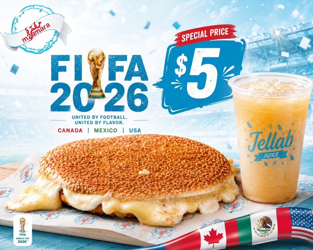 M2amara's tweet photo. ⚽ Game on! Celebrate FIFA 2026 with M2amara's match-day combo — a melty m2amara with refreshing Jellab Juice for just $5. 

🌍 United by football. United by flavor. 🇨🇦🇲🇽🇺🇸 
#M2amara #FIFA2026 #WorldCup2026 https://t.co/OPwfwW9RdB