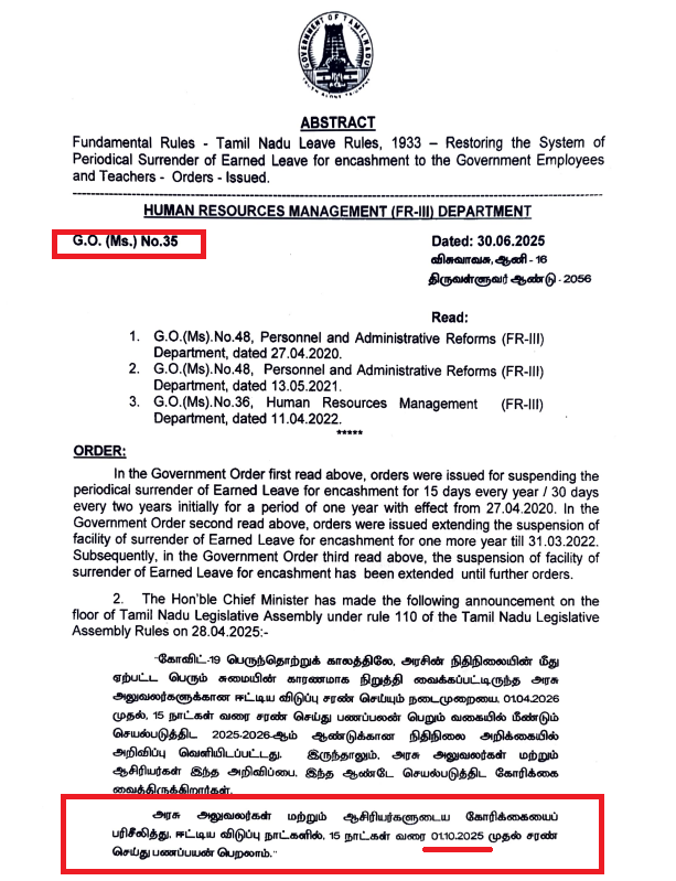 youturn_in's tweet photo. திமுக ஆட்சியிலேயே செயல்படுத்தப்பட்ட அரசு ஊழியர்களுக்கான “Earned Leave Surrender” திட்டம்! வதந்தி பரப்பும் தவெகவினர்!

பல ஆண்டுகளாக செயல்பாட்டில் இல்லாத “Earned Leave Surrender” திட்டம், தவெக ஆட்சியில் தான் செயல்பாட்டுக்கு வந்தது எனப் பரவும் செய்திகள் தவறானவை. இது கடந்த 2025 ஆம் ஆண்டே செயல்பாட்டுக்கு கொண்டுவரப்பட்டது குறிப்பிடத்தக்கது. 

அரசு ஊழியர்கள் தாங்கள் சேமித்து வைத்துள்ள விடுப்பில் (Earned Leave) ஒரு பகுதியை அரசிடம் ஒப்படைத்து (surrender), அதற்கான சம்பளத்தைப் பணமாகப் பெறும் வசதியே EL Surrender ஆகும். உதாரணமாக, ஒரு ஊழியரிடம் 100 நாட்கள் “Earned Leave” இருந்தால், அதில் 15 நாட்களை surrender செய்து அதற்கான சம்பளத்தை பணமாகப் பெறலாம்.

கொரோனா காலத்தில் ஏற்பட்ட கடுமையான நிதிச் சுமை காரணமாக, அதிமுக ஆட்சி காலத்தில், 27 ஏப்ரல் 2020 முதல் EL Surrender திட்டத்தை தமிழ்நாடு அரசு தற்காலிகமாக நிறுத்தியது. பின்னர் அந்தத் தடை திமுக ஆட்சியிலும் தொடர்ந்த நிலையில், 2025 பட்ஜெட்டில் அப்போதைய நிதியமைச்சர் தங்கம் தென்னரசு, சட்டப்பேரவையில், அரசு ஊழியர்கள் மற்றும் ஆசிரியர்களின் நீண்டகால கோரிக்கையை ஏற்று, "Earned Leave Surrender" திட்டம் மீண்டும் கொண்டு வரப்படும் என அறிவித்தார். 

அதன்படி, அரசாணை (G.O. Ms. No.35, 30.06.2025) வெளியிடப்பட்டு, 01.10.2025 முதல் இந்த திட்டம் செயல்படுத்தப்படும் என உத்தரவிடப்பட்டது. இந்நிலையில் தவறான செய்திகளை சமூக ஊடகங்களில் பரப்பி வருகின்றனர். 

 Proof: 

https://t.co/5nXFq4drVb 

https://t.co/kr3fxLCx6b