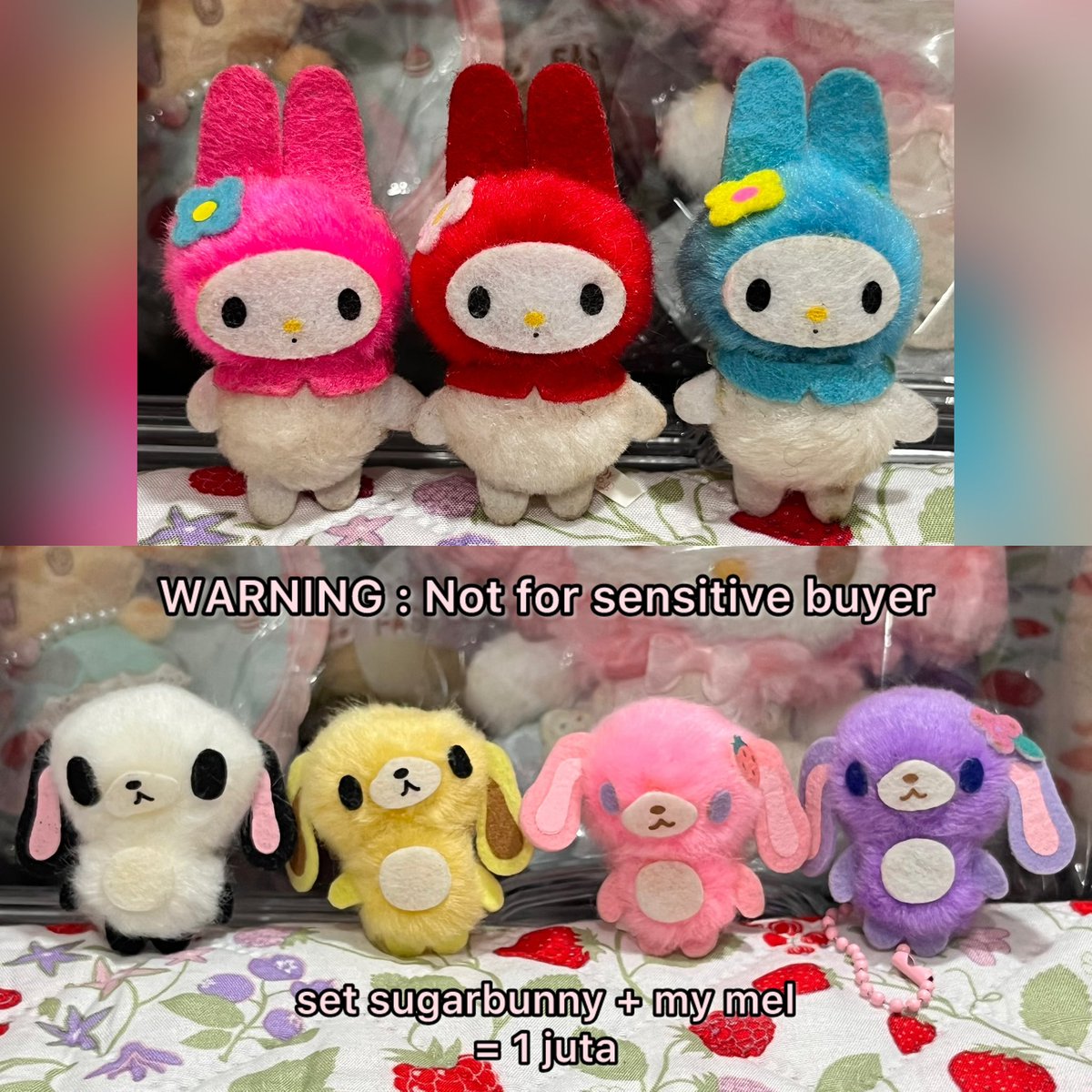 rosebloommocha's tweet photo. wts sanrio merch &amp; jellycat

pricelist :
•) jellycat deluxe : 1 juta
•) vintage set sb &amp; my mel : 1 juta
•) masyus &amp; sb negotiable (depends)
•) last pict masyu plush : 500k

link shopee product in comments bellow >> https://t.co/CSN0vYLosp