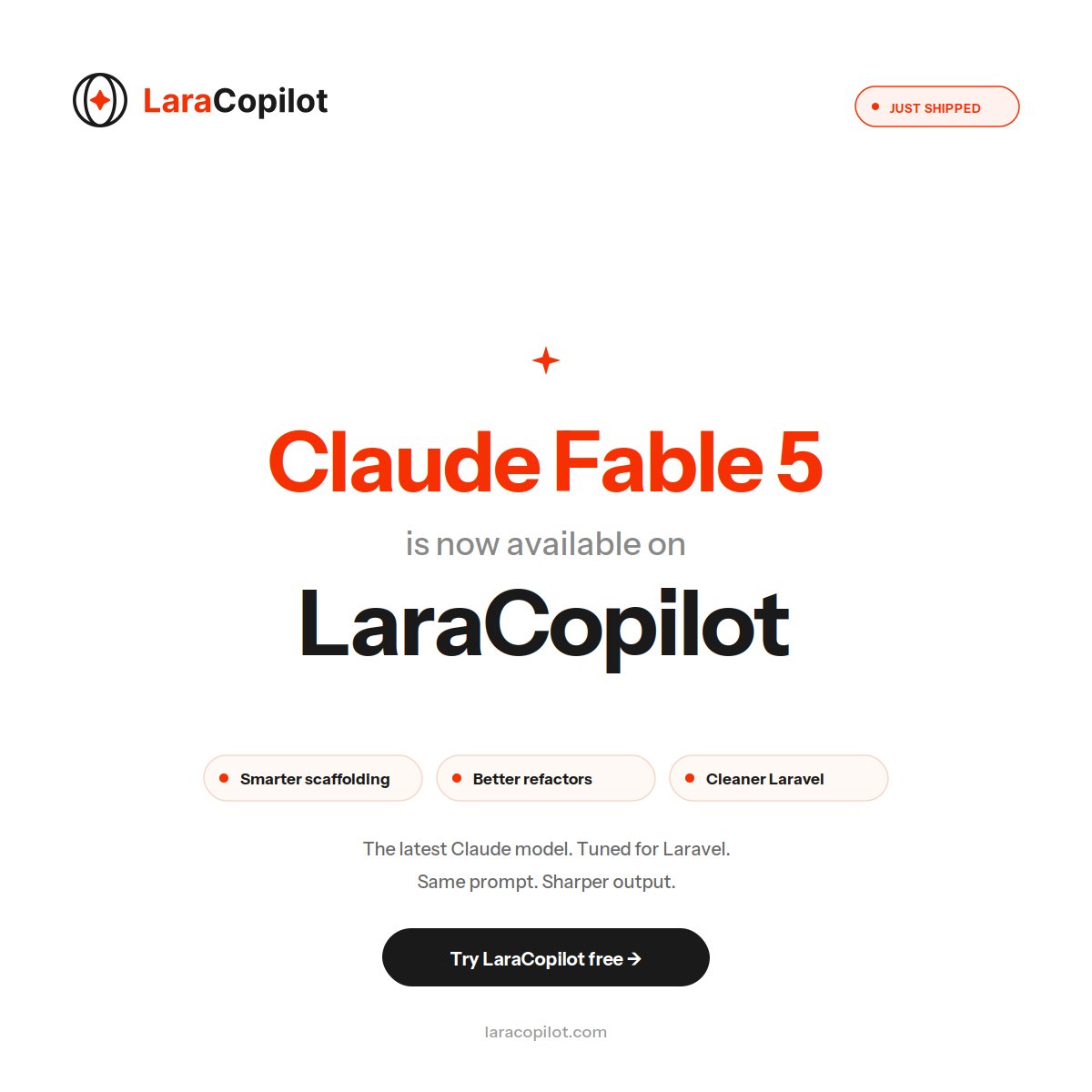 vishal_viitor's tweet photo. Claude Fable 5 is now in @LaraCopilot.

Same prompt. Sharper Laravel.

https://t.co/fdJm5k5QHK https://t.co/xBLF5mjEkW