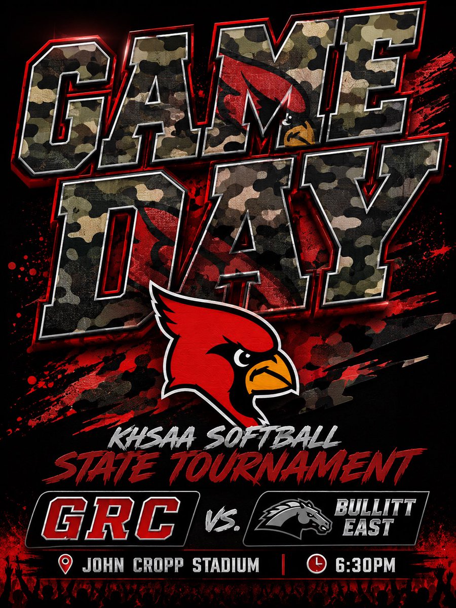 GrcSoftball's tweet photo. It’s GAME DAY!!! 

We need ALL of Cardinal Nation there! Pack the stands, wear your CAMO, be loud, and let’s show Kentucky what Clark County is all about! 🔥

📍 John Cropp Stadium
🕡 6:30 PM
🥎 GRC vs. Bullitt East
🚌 Cardinal Caravan = FREE Admission 
Buses leave GRC at 5:00PM. https://t.co/5sOyarALC4