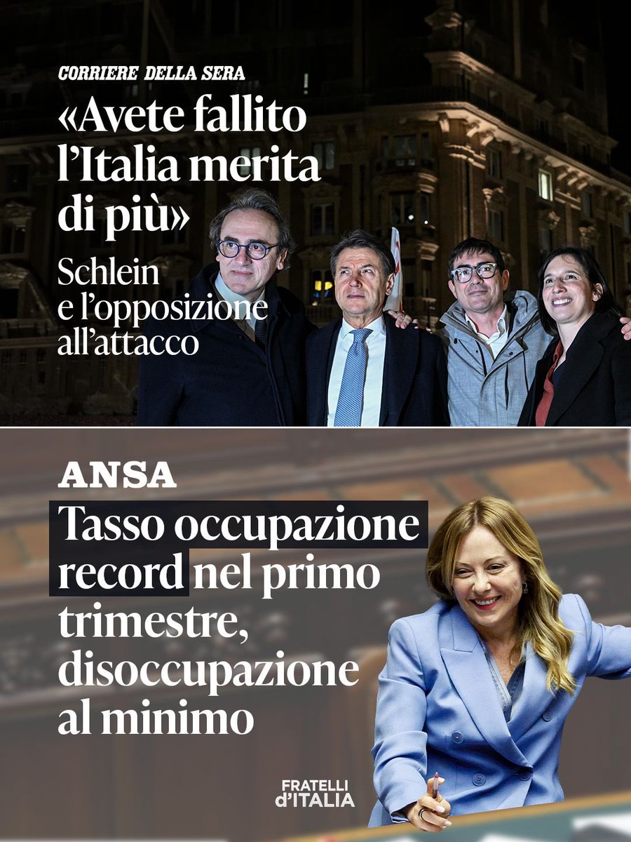 FratellidItalia's tweet photo. L’unico vero fallimento a cui gli italiani hanno assistito è stato quello di dieci anni di vostri governi. Gli elettori hanno scelto di voltare pagina, mettendo fine a una stagione di errori e promesse mancate. Dall’occupazione alla crescita, noi stiamo lavorando per rimediare ai disastri che ci avete lasciato in eredità.