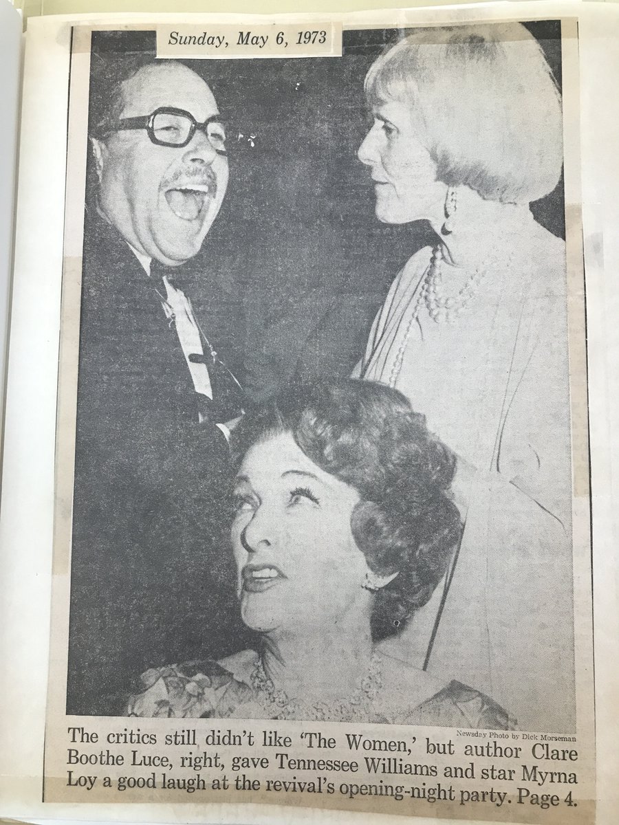 agmacor's tweet photo. Decades after playing Milly in #TheBestYearsofOurLives, #MyrnaLoy played another "mother" of a role as Mary Haines' mom in the revival of #TheWomen. Here at the '73 opening-night party w/ Clare Boothe Luce and Tennessee Williams, who dubbed it a “Restoration Comedy.”😉 #TCMParty https://t.co/8eM8ibQdcg