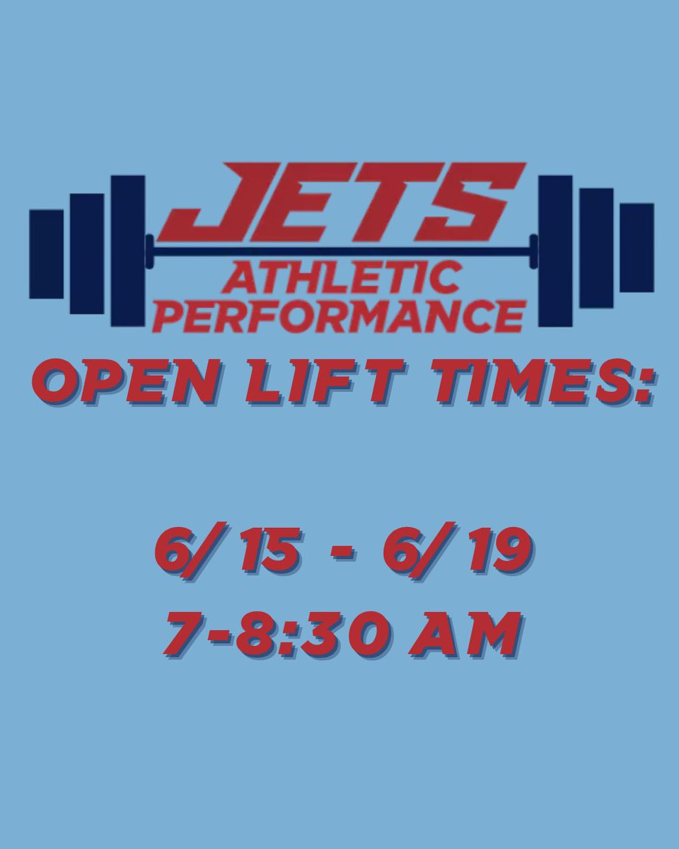 NewmanJetsAP's tweet photo. JETS OPEN LIFTS ✈️

June 15–19 Monday–Thursday 7:00–8:30 AM

Another week to get better. See you in the weight room.

#JetPower ✈️ https://t.co/44YUlemReS