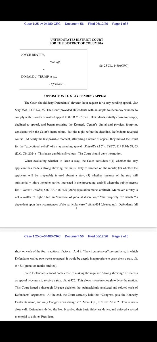 NormEisen's tweet photo. BREAKING: just filed our opposition to the admin's desperate last minute stay bid to stave off the removal of Trump's name from the Kennedy Center

They rehash the same losing arguments 

We @DDAction_ &amp; at WLG will keep on fighting Trump's corruption. The stay should be denied https://t.co/r2yOQlPBse