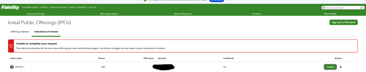 robby14092's tweet photo. @Fidelity You guys suck.  I signed up for the IPO and you screwed me by not sending a message that I had to do anything else like double confirm. https://t.co/cA7lwFWX24
