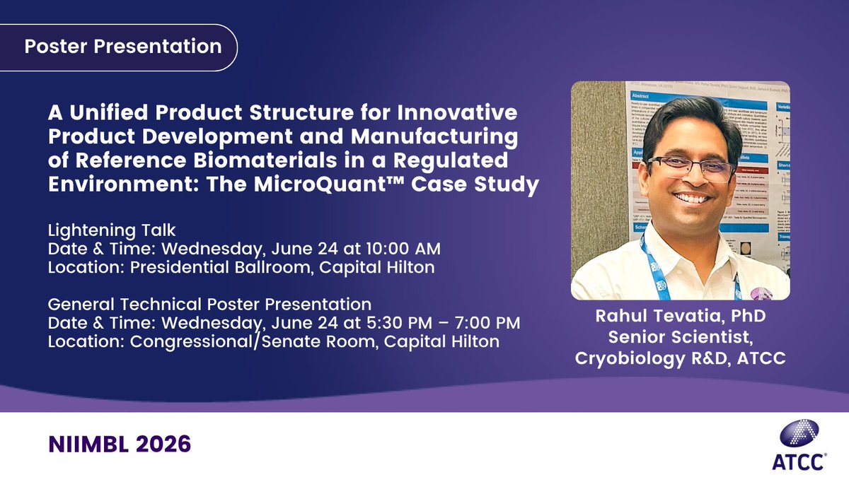officialatcc's tweet photo. Join ATCC’s poster presentation and lightening talk on June 24 at NIIMBL 2026 in Washington, DC, to learn about our scalable approach for producing next-generation biomaterials that meet reference material accreditation requirements. https://t.co/q0qe6EvyoZ