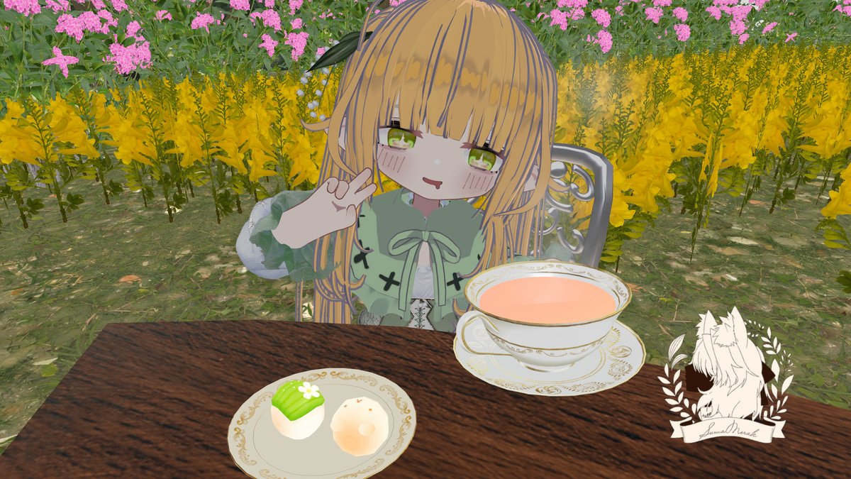 monyaaca_VRC's tweet photo. 皆さんこんばんは!  一昨日は #マリシアの森 へ遊びに行きました!
可愛いお団子と紅茶でかんぱい!
お団子の味クイズをしたり、キャラメルマキアートを砂糖マシマシにしたり、食べ物のお話したりで賑やかで楽しかった!
お相手してくれたセレストさんともみさんありがとう!
↓アフターのお写真 https://t.co/YKRE871sMQ