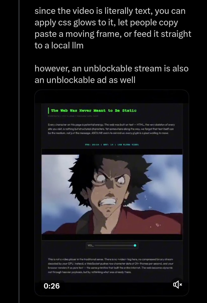 stupidtechtakes's tweet photo. Another case of vibe coders not knowing how anything works

Adblockers hunt the endpoint. This isn't unblocked because it's a stupid ASCII thing, it's unblocked because nobody uses your shitty ad network.

And no, a video will almost always be smaller than blocks of text with CSS https://t.co/qsDhkdhL1m