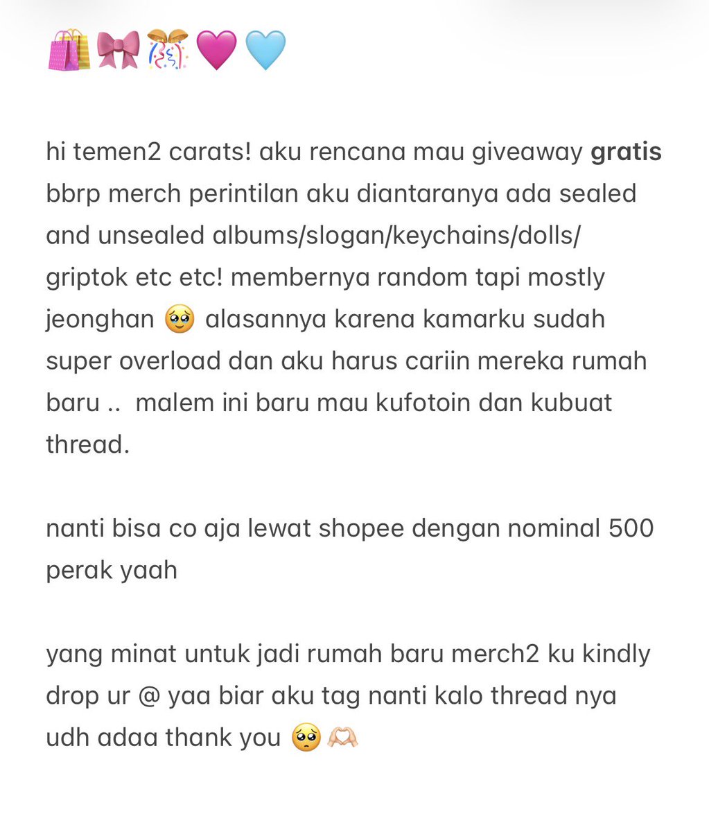 meeeshua's tweet photo. aku mau giveaway merch2 kuu yang minat untuk jadi rumah baru merch2 ku kindly drop ur @ yaa biar aku tag nanti kalo thread nya udh adaa

thank youuu 🥺🩷 https://t.co/JZ2H1U22Gc