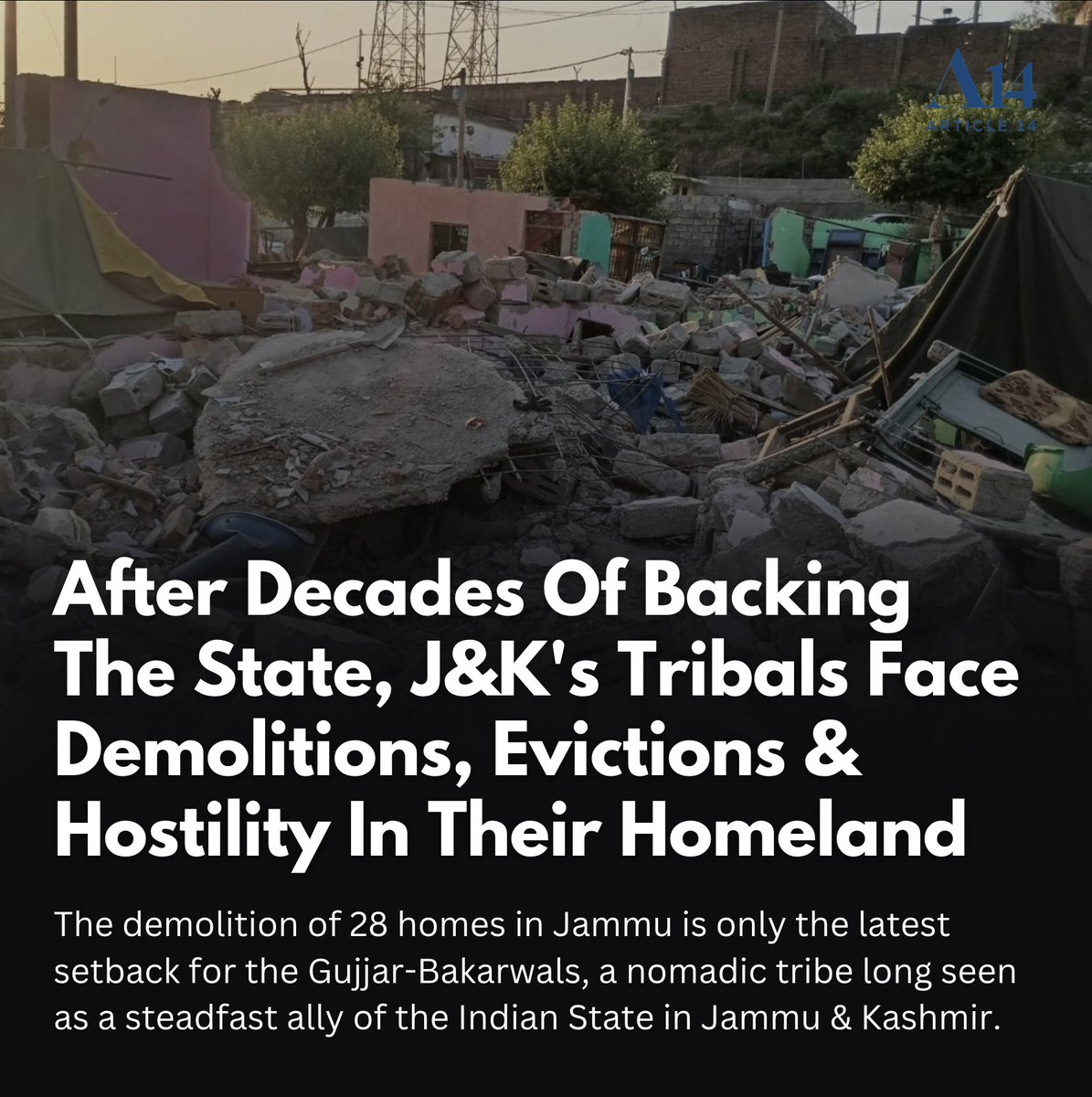 IAMCouncil's tweet photo. The demolition of 28 homes in Jammu is only the latest setback for the Gujjar-Bakarwals, a nomadic tribe long seen as a steadfast ally of the Indian State in Jammu and Kashmir. Community leaders say evictions, shrinking grazing commons, blocked migration routes and growing communal hostility are steadily eroding a centuries-old pastoral way of life and pushing one of the region's largest tribal communities to the margins.

https://t.co/lsWY9A1In8