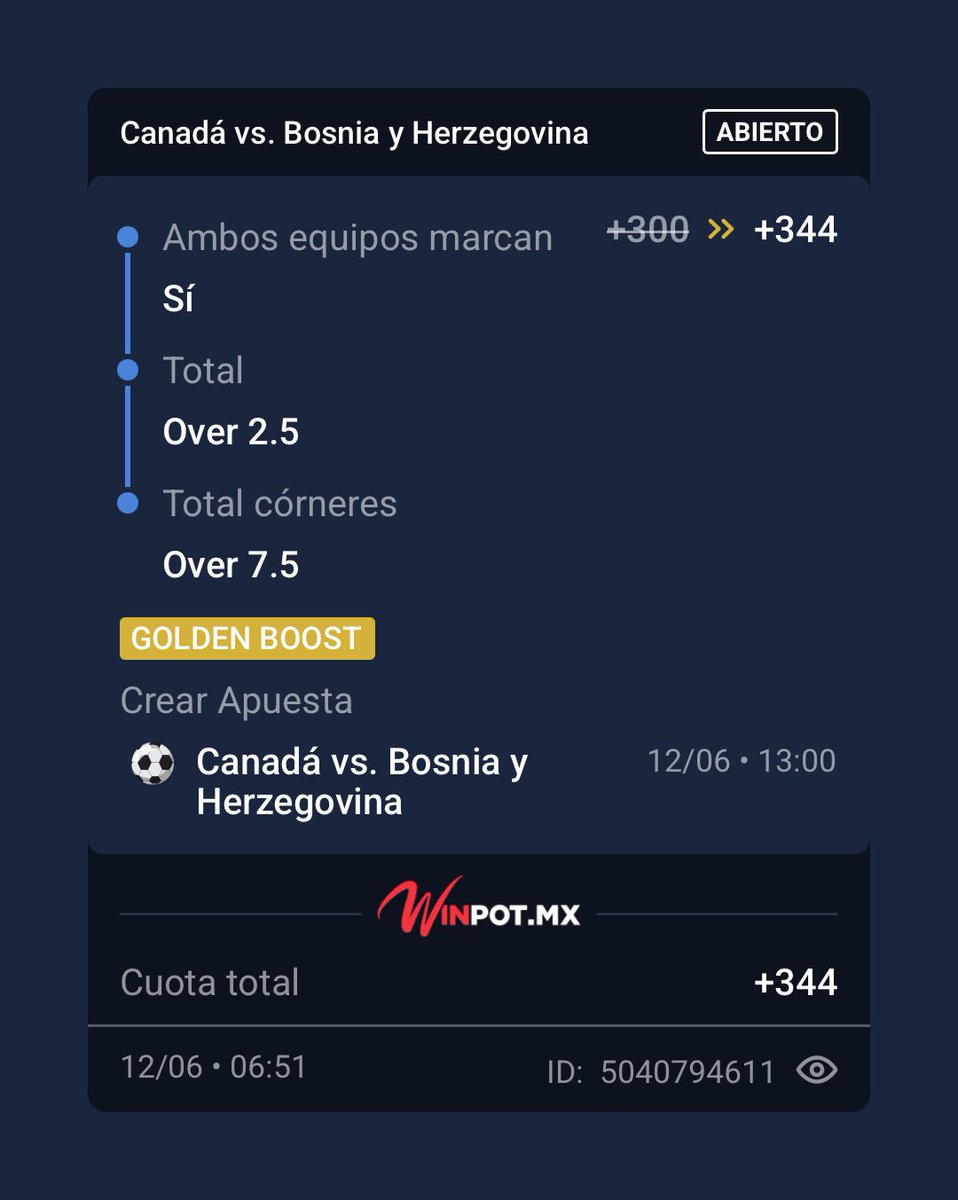 CrimsonbetsMx's tweet photo. ENCONTRÉ ORO EN LAS CUOTAS! 🇨🇦⚽️🇧🇦

Aprovechamos este Golden Boost (+344) para el Canadá vs Bosnia de hoy 13:00. Combinamos Ambos Anotan, Over 2.5 goles y Over 7.5 córneres. ¡Tiro directo de valor que se cobra HOY! 🔥💵 https://t.co/FsM9Q16Jgq