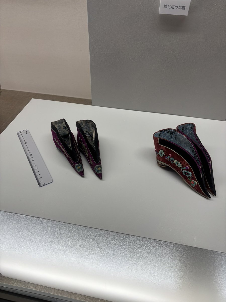 katamaribakari's tweet photo. 日中友好会館でやってるチャイナドレス展行った🇨🇳

纏足の実物を見たことがなかった
こんなに先が鋭いんだ

“女性の身体を男性の理想像に従って矯正し、彼女たちの行動や人生の選択肢を社会的規範に適合させようとする制度でした。”の一文が重かった。

見に行ける人は後楽園に行こう！ https://t.co/ByZLKscIsR