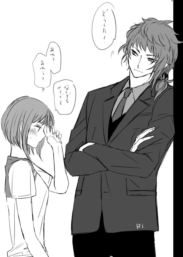 0214riri's tweet photo. 先生にドキッとしてしまったマリィとなんか可愛い顔してる気配がして見たいのに身長デカくて見えない御影先生の絵です。 https://t.co/Cb91yFhlKX