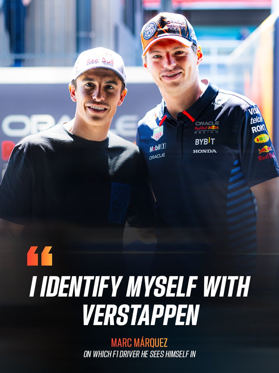 Overtake_GP's tweet photo. 🗣️ Marc Márquez ha asistido al Gran Premio de Fórmula 1 de Cataluña y desde DAZN le han preguntado cuál es el piloto con el que se siente identificado.

😅🦁 Creo que todos nos podíamos esperar su respuesta...

📸 Getty Images / Red Bull Content Pool
#MotoGP #F1 #BarcelonaGP https://t.co/a69GBuveqM
