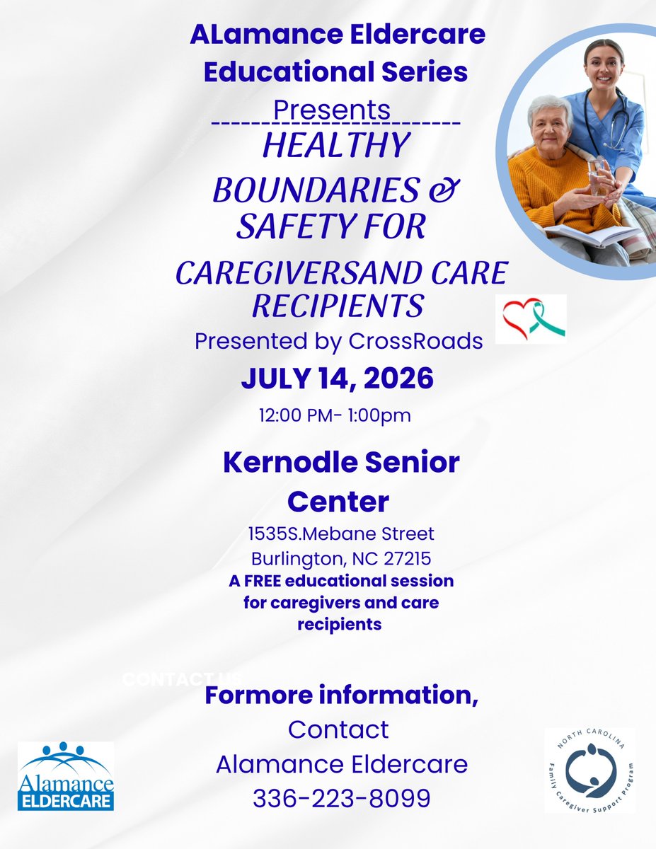 alamanceelder's tweet photo. Join us for next month's educational on boundaries for caregivers! We know caring can be draining. On July 14th from 12-1 PM, we can help give you the resources you need to thrive! See you there!

#AlamanceEldercare #SeniorResources #CaregiverSupport #AlamanceCounty https://t.co/qBBBPyVQ9Y
