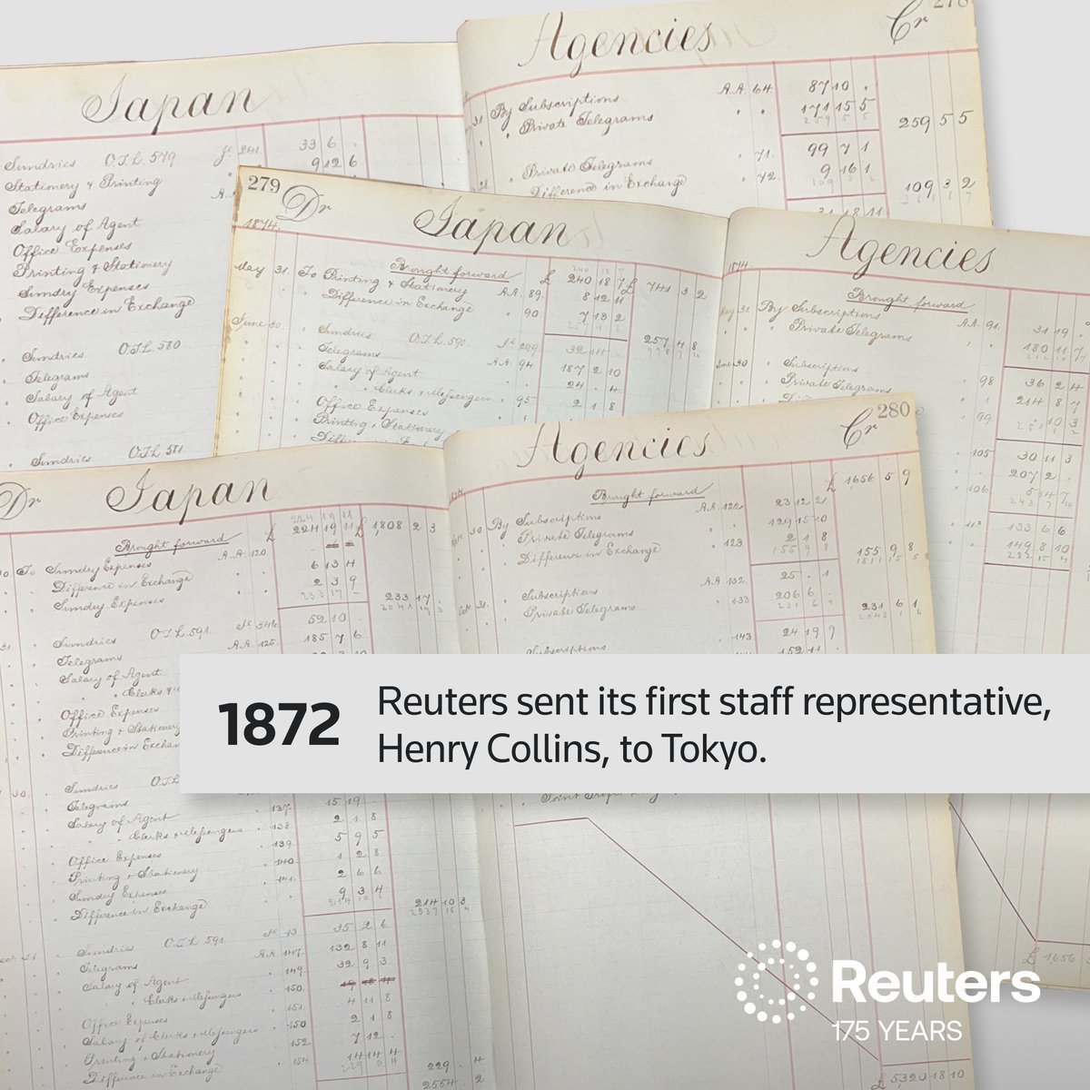 ReutersPR's tweet photo. Reuters175 | 1872: Reuters sent its first staff representative to Tokyo. Henry Collins arrived as Japan modernised rapidly, witnessing the build of the country’s first railway, an early Reuters presence at a pivotal moment in history. #Reuters175 https://t.co/FZDeY2Mahl