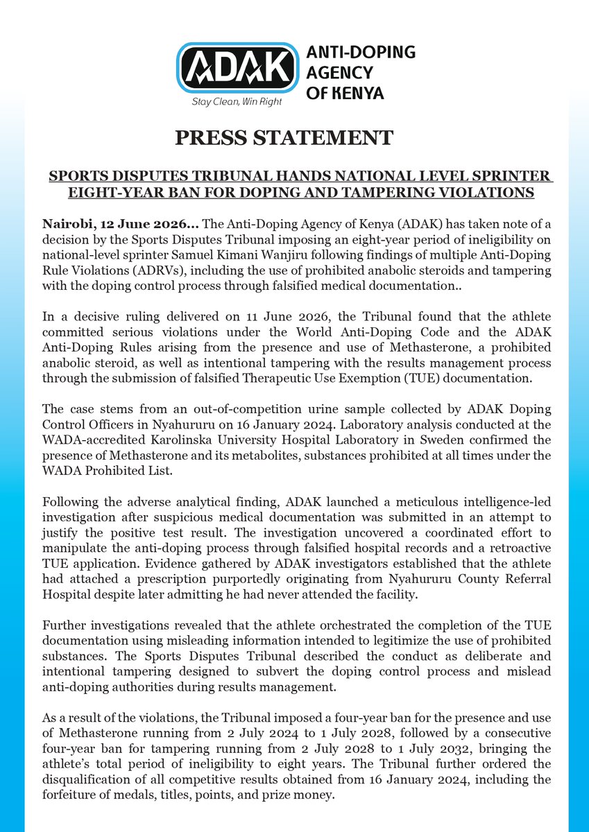 ADAKKENYA's tweet photo. PRESS RELEASE: Sports Disputes Tribunal hands national level sprinter an eight-year ban for Doping and Tampering violations. https://t.co/B9T7tmlJl6