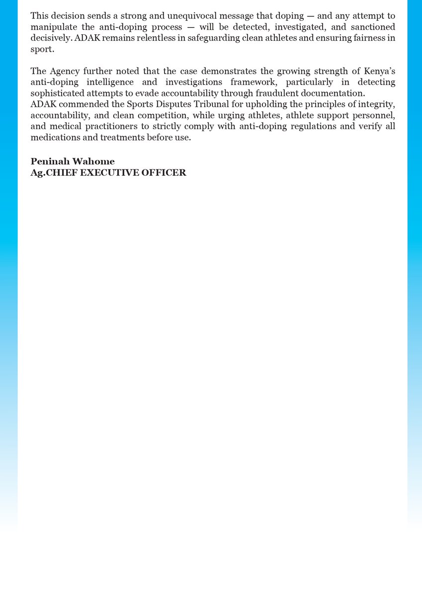 ADAKKENYA's tweet photo. PRESS RELEASE: Sports Disputes Tribunal hands national level sprinter an eight-year ban for Doping and Tampering violations. https://t.co/B9T7tmlJl6