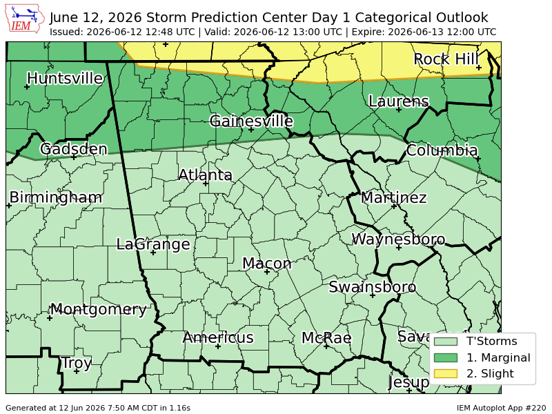 JohnTTWN's tweet photo. #SPC issues Day 1 Slight Convective Risk at Jun 12, 12:48z for FFC https://t.co/B9aOGaweFR https://t.co/Qm56qXzQa9
