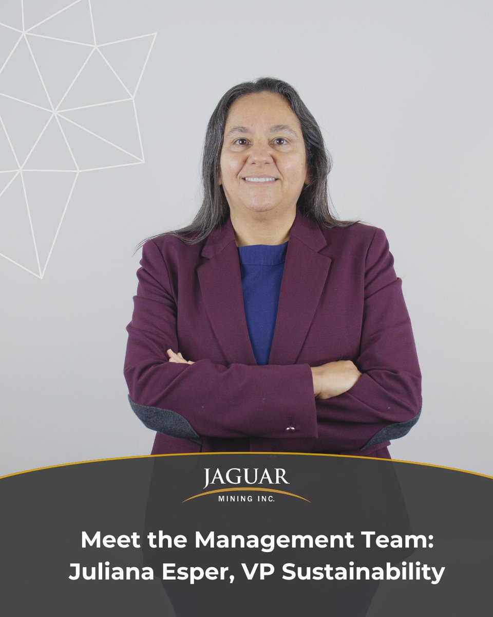 jaguarminingIR's tweet photo. Meet the Management Team – Juliana Esper, VP Sustainability

With 30+ years of mining experience across the Americas, Juliana Esper leads Jaguar’s sustainability initiatives, helping advance responsible mining, stakeholder engagement, permitting, and long-term value creation.

$JAG.V
#Mining #Sustainability #Gold #ESG